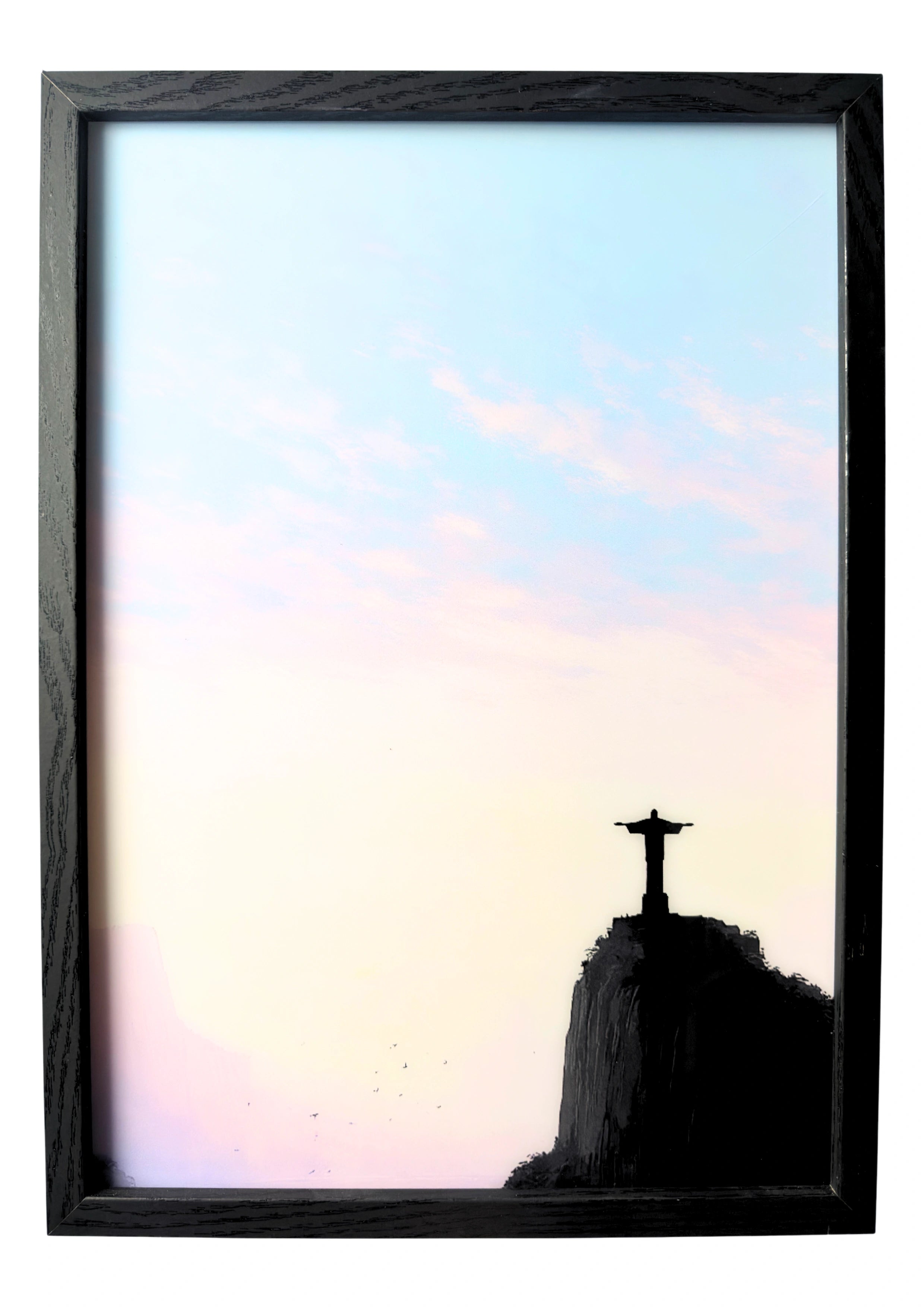 Jesus Christ wall art detailed with soft sky hues, standing in calm reflection. A framed artwork symbolising guidance, peace, and devotion.
