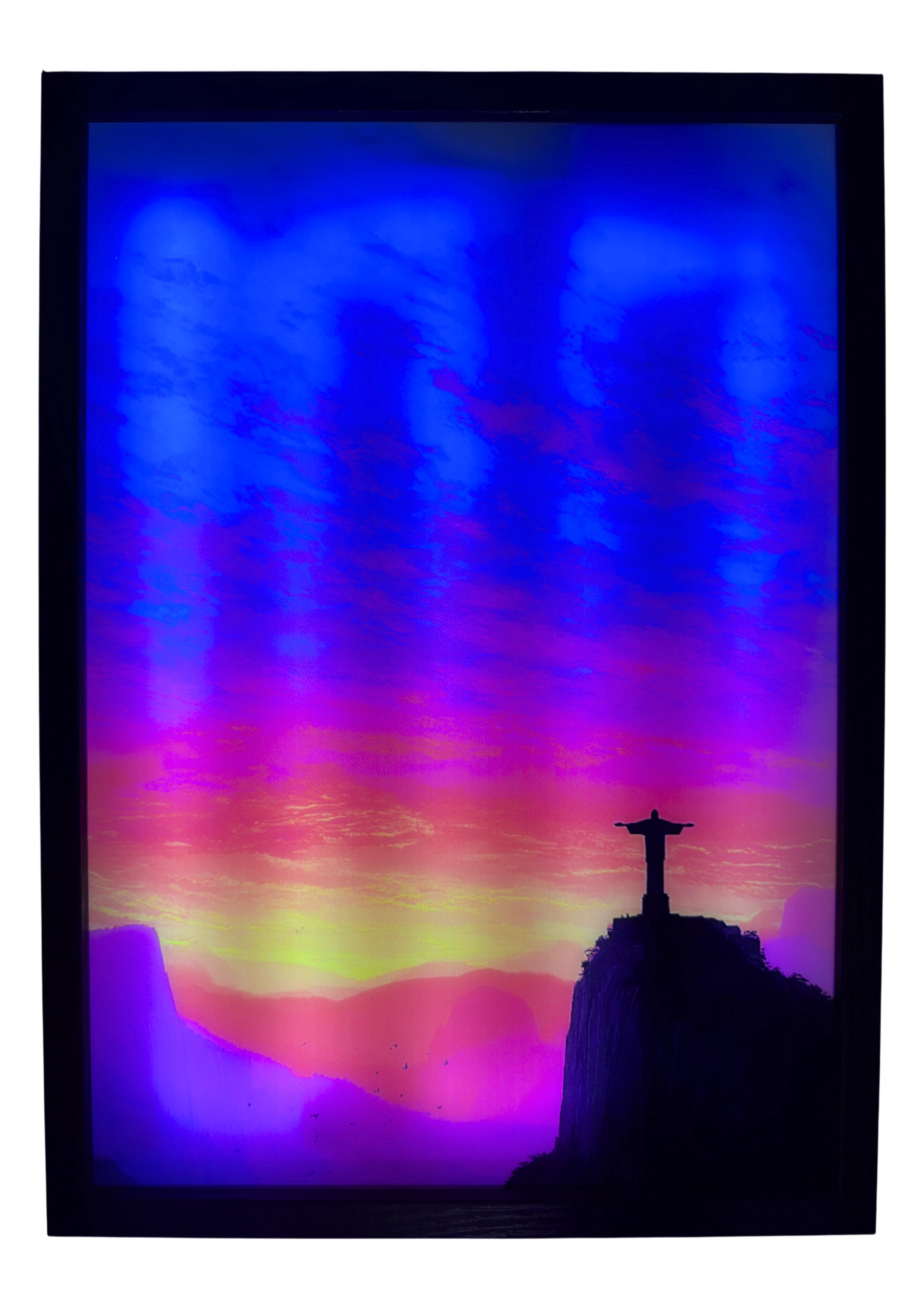 Jesus Christ LED light up wall art glowing in amber and teal tones — a radiant portrayal of faith, light, and divine vision.