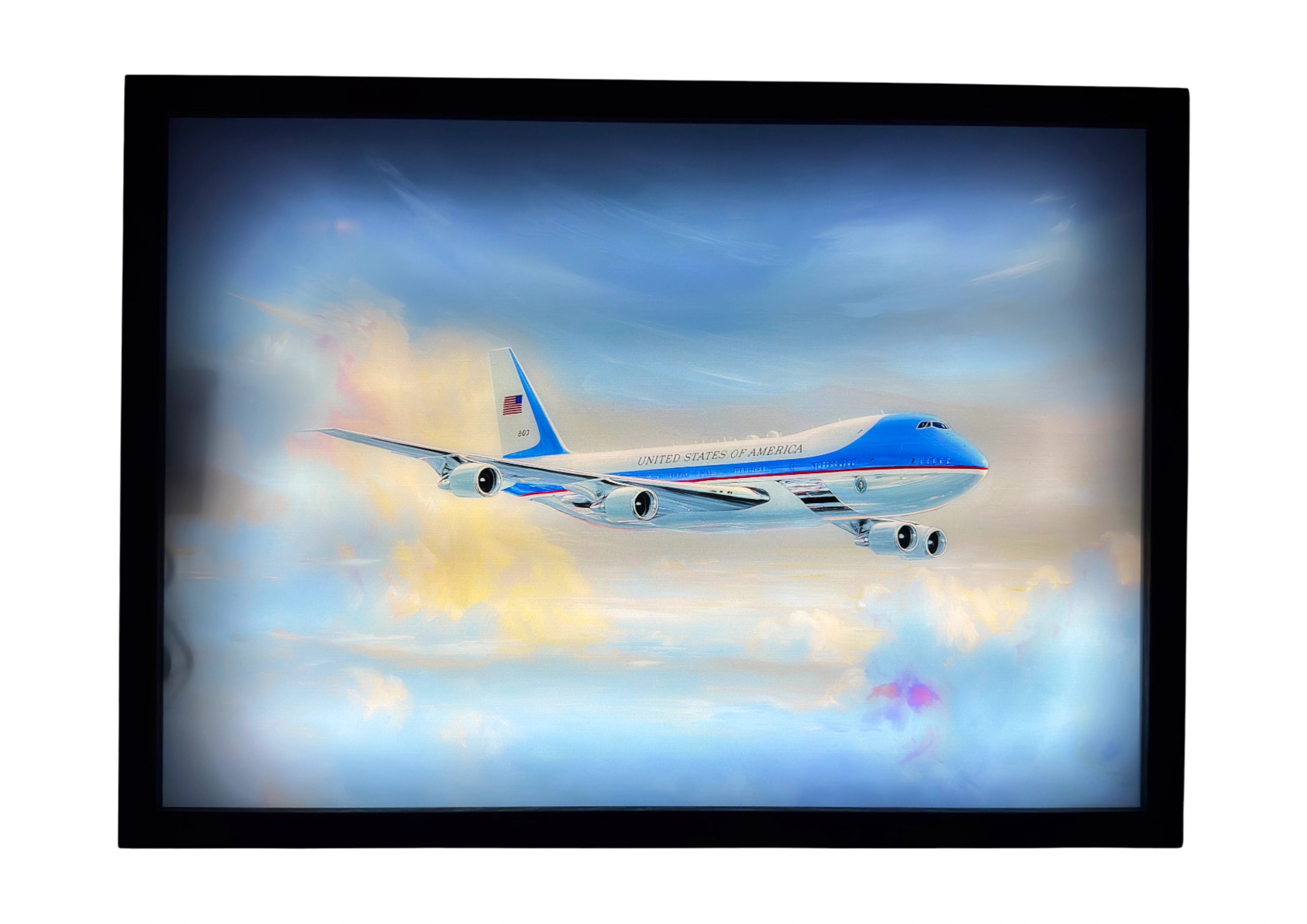 Air Force One VC-25A LED light up wall art glowing in gold and blue morning skies. A radiant celebration of American innovation and flight.