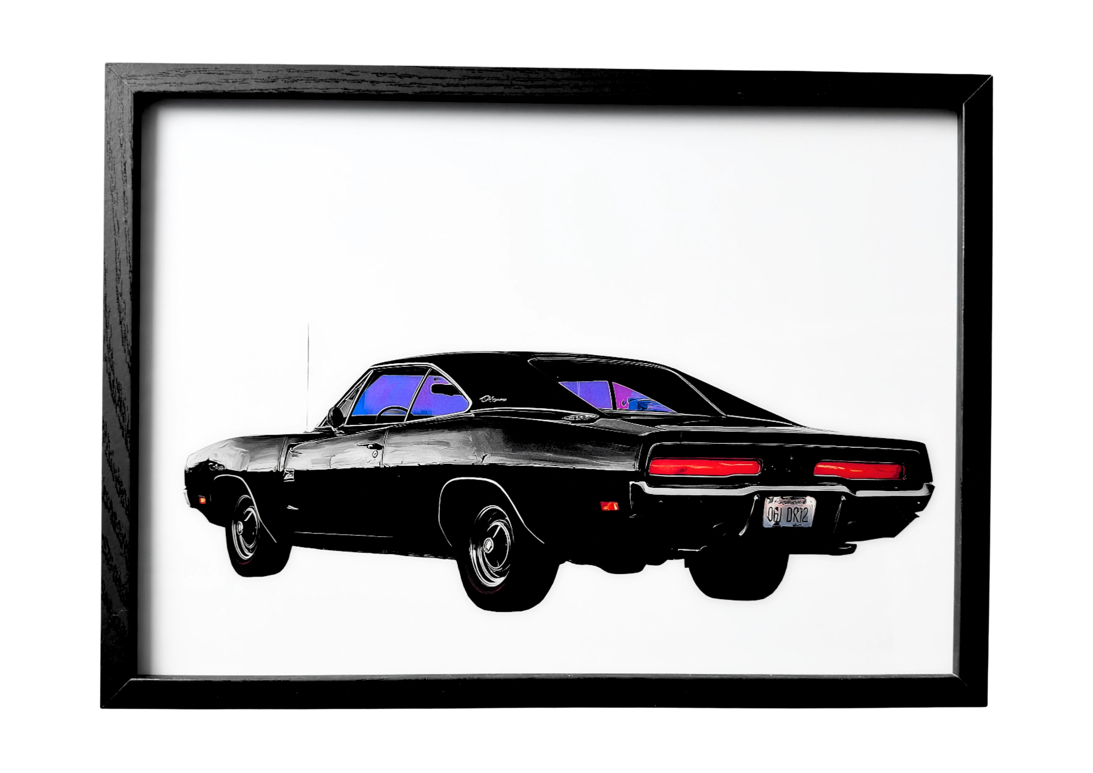 1969 Dodge Charger wall art in jet black, rear view in soft daylight. A framed automotive classic in calm stillness.