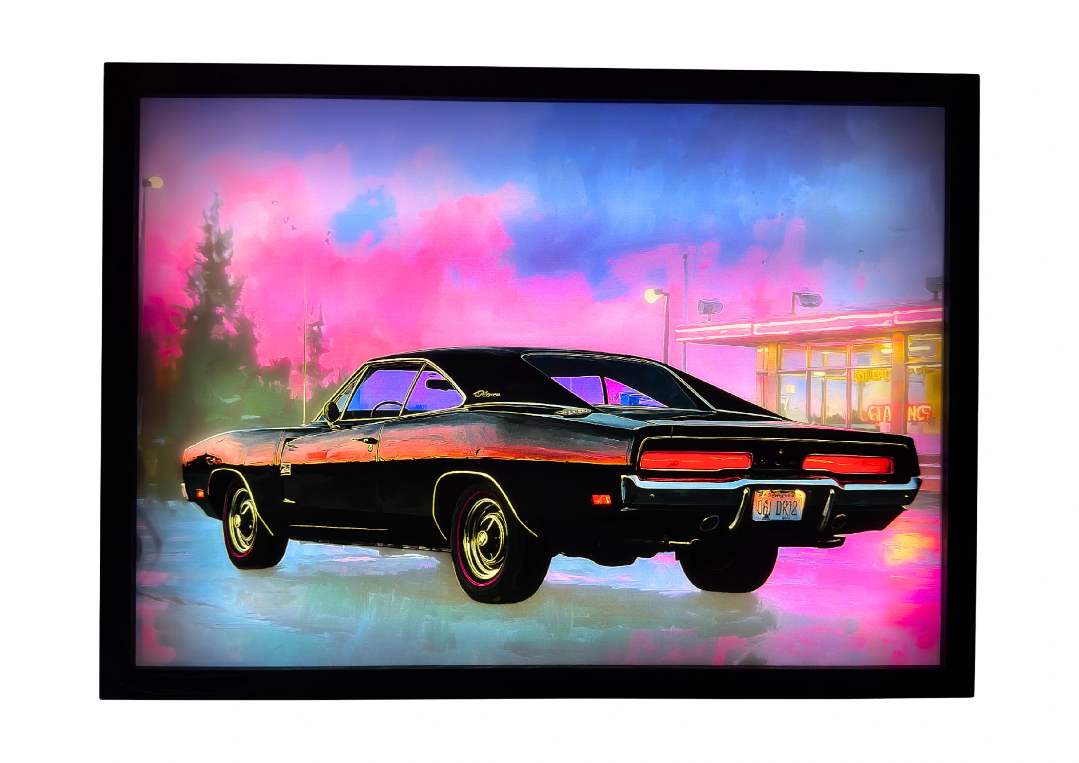 1969 Dodge Charger LED light up wall art glowing with neon pink and violet tones. A cinematic framed tribute to classic American muscle.