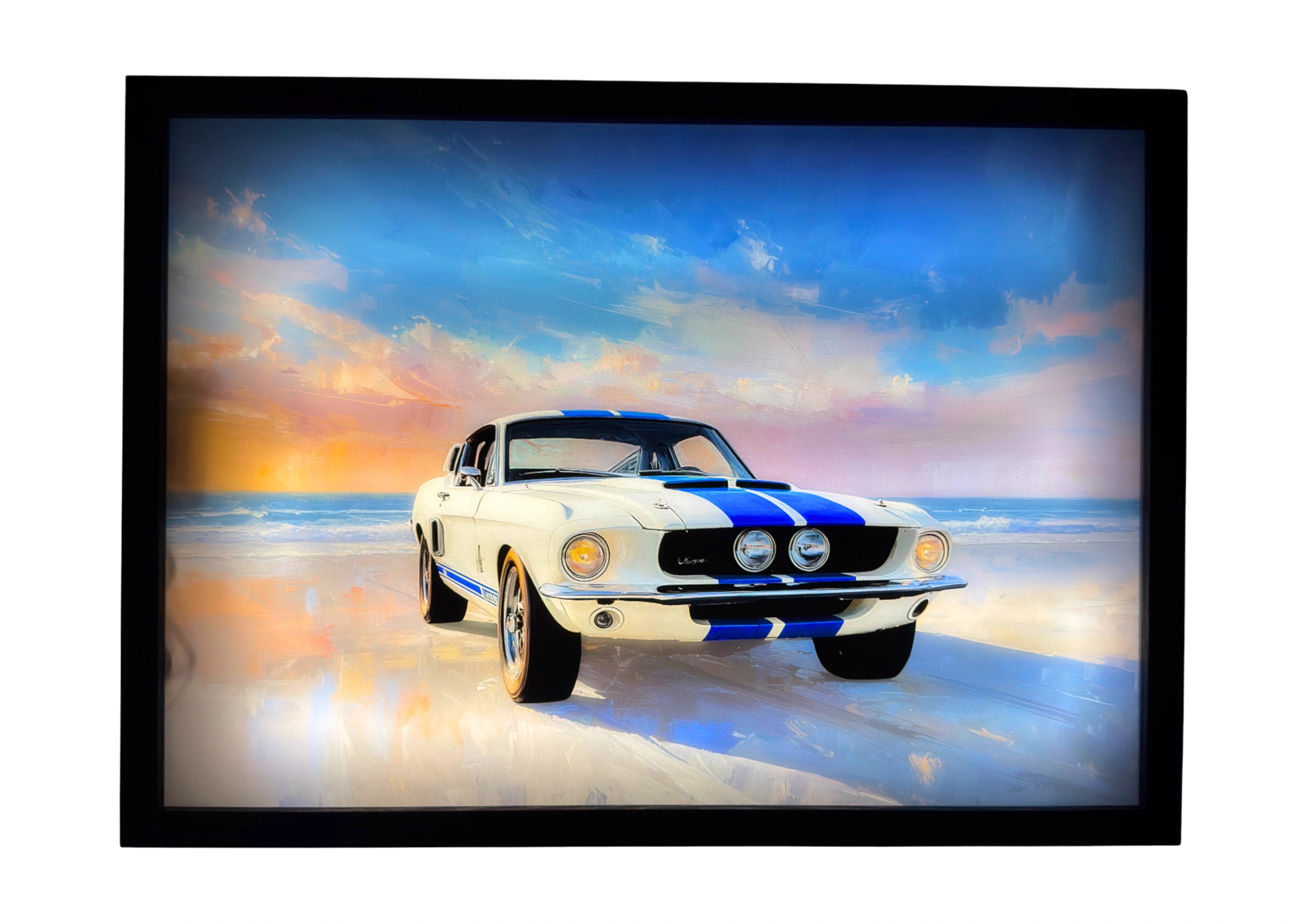 1967 Shelby Mustang GT500 LED light up wall art glowing with golden and cobalt reflections across mirrored sands — a radiant tribute to American muscle heritage.
