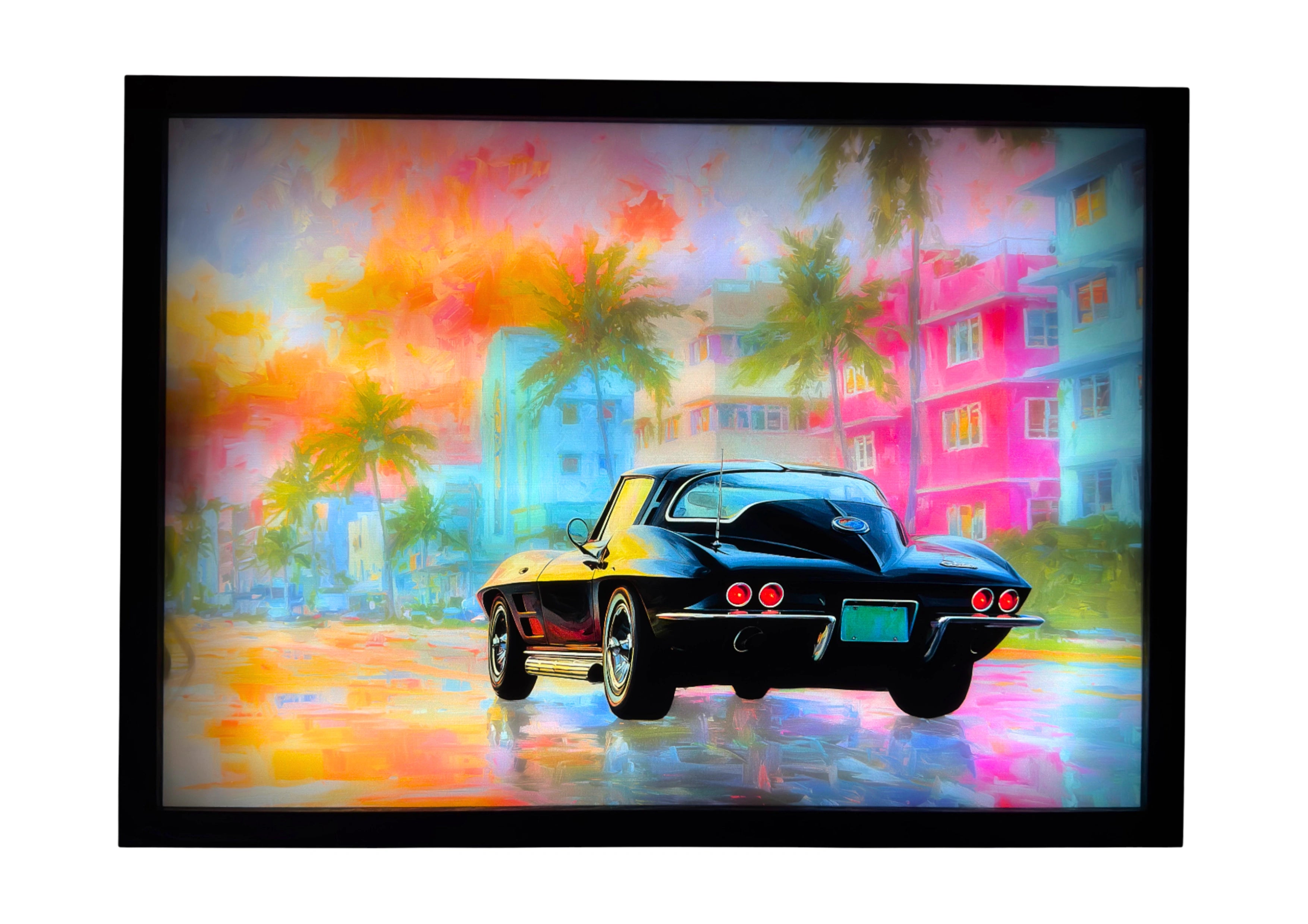 1963 Chevrolet Corvette Sting Ray LED light up wall art viewed from the rear, glowing with coral and turquoise Miami reflections — a radiant homage to American automotive beauty.
