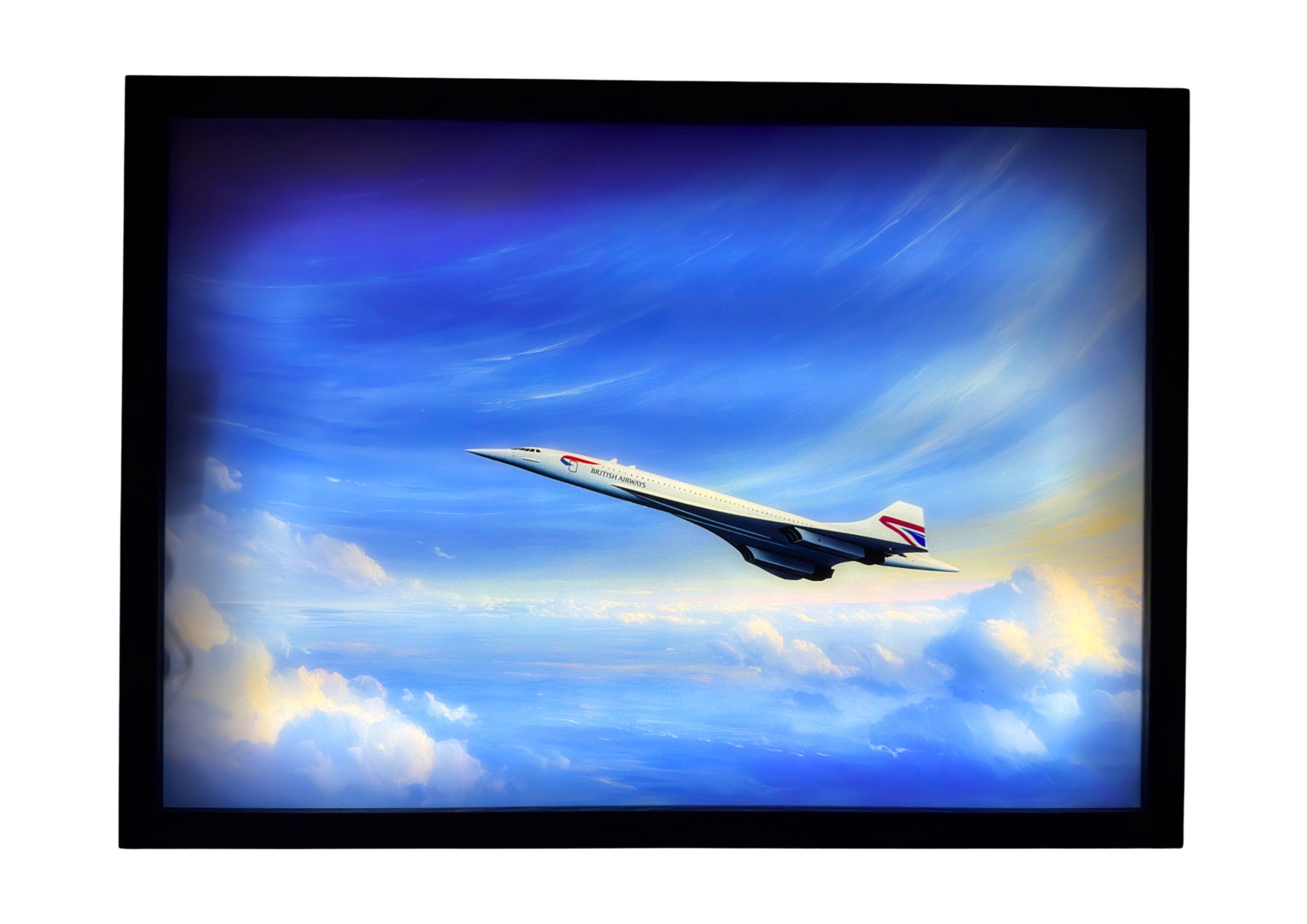 Concorde (1976) holds steady in silver stillness, wings swept in perfection. By sunrise, clouds swirl in gold and blue — where British innovation meets the calm above the world.