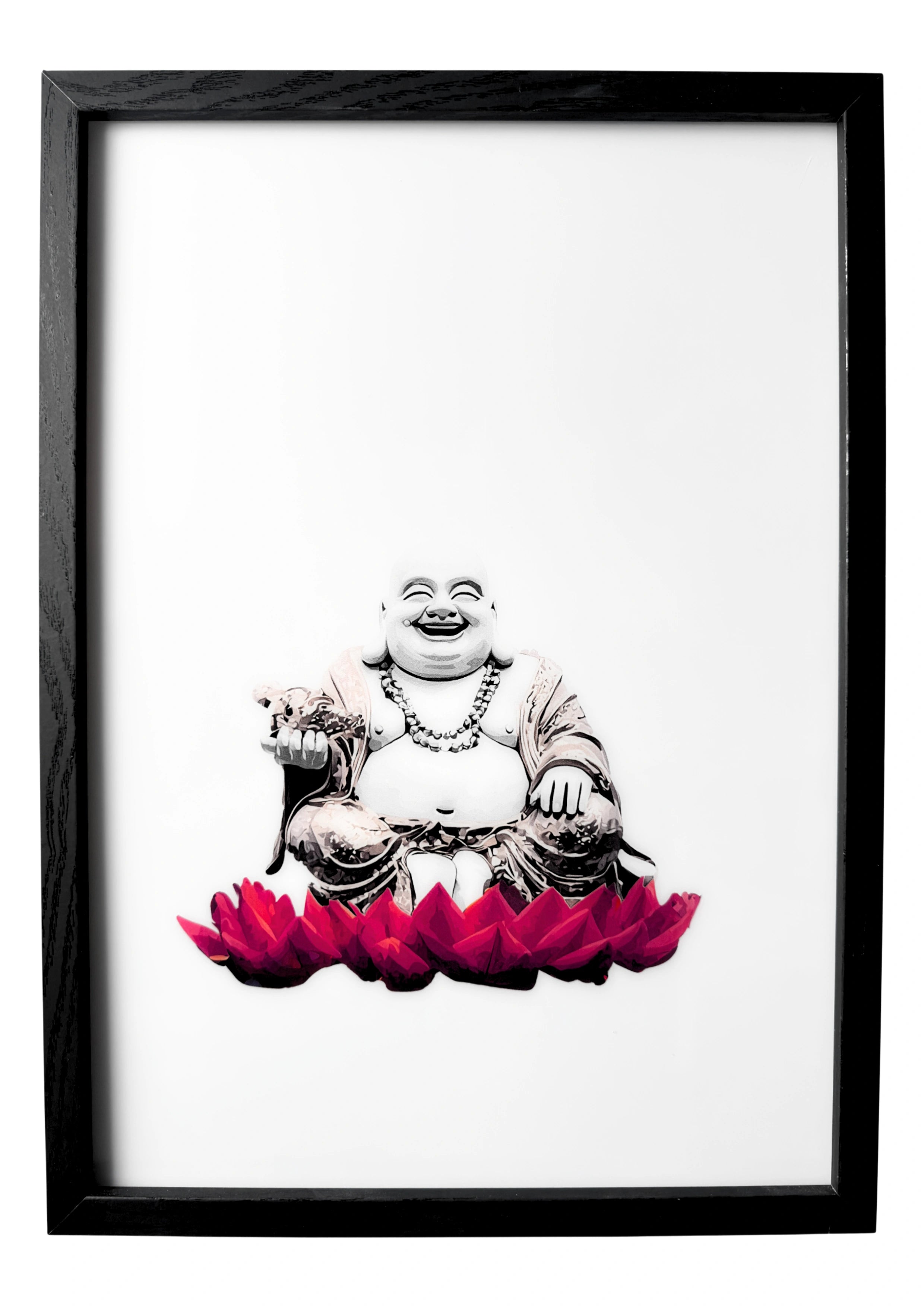 Laughing Buddha wall art seated on a soft crimson lotus — golden robes faintly gleaming under pale light, a symbol of calm and joy.