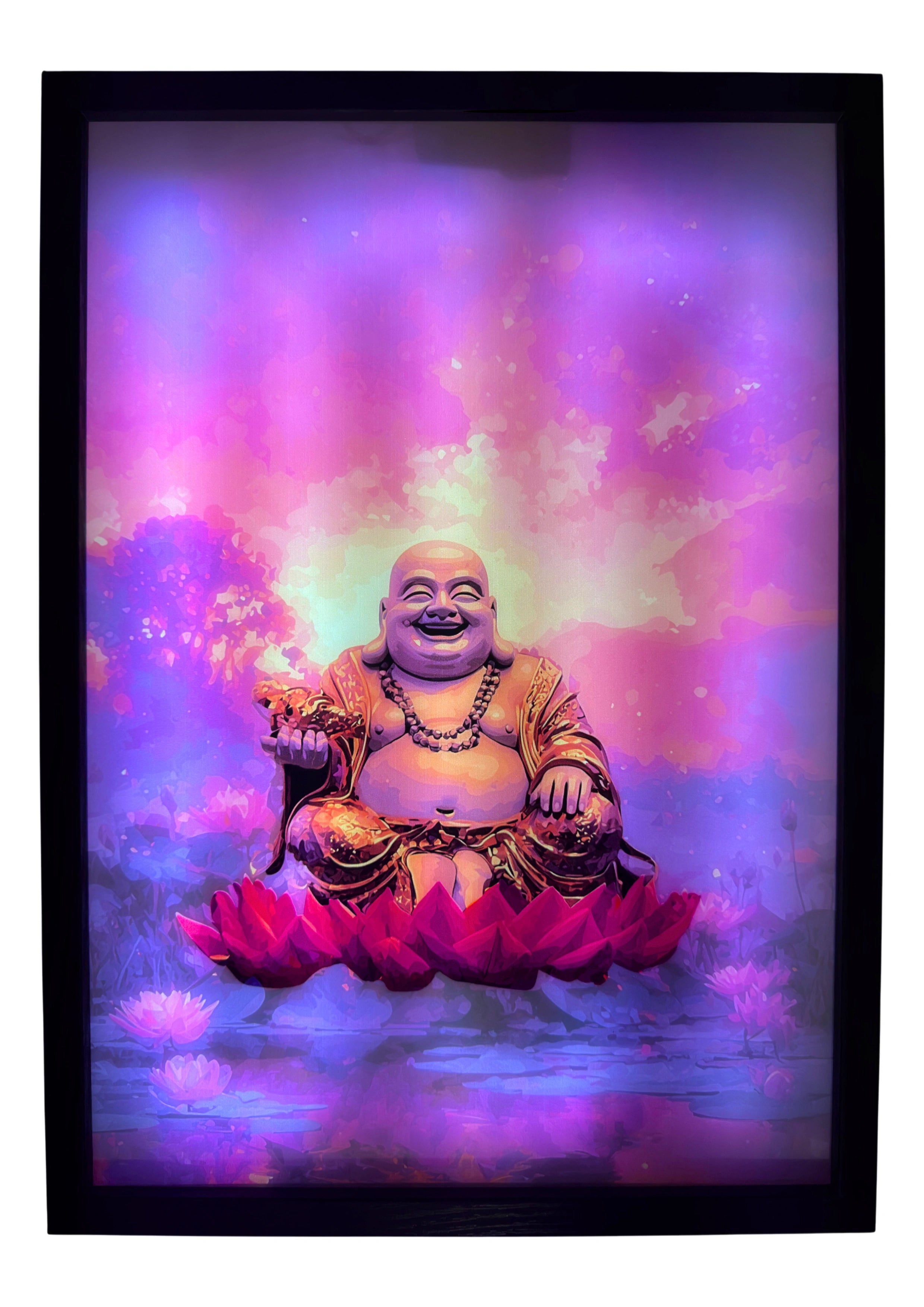 Laughing Buddha LED light up wall art glowing under rose and amber skies — golden tones and lotus reflection illuminated in radiant dusk.