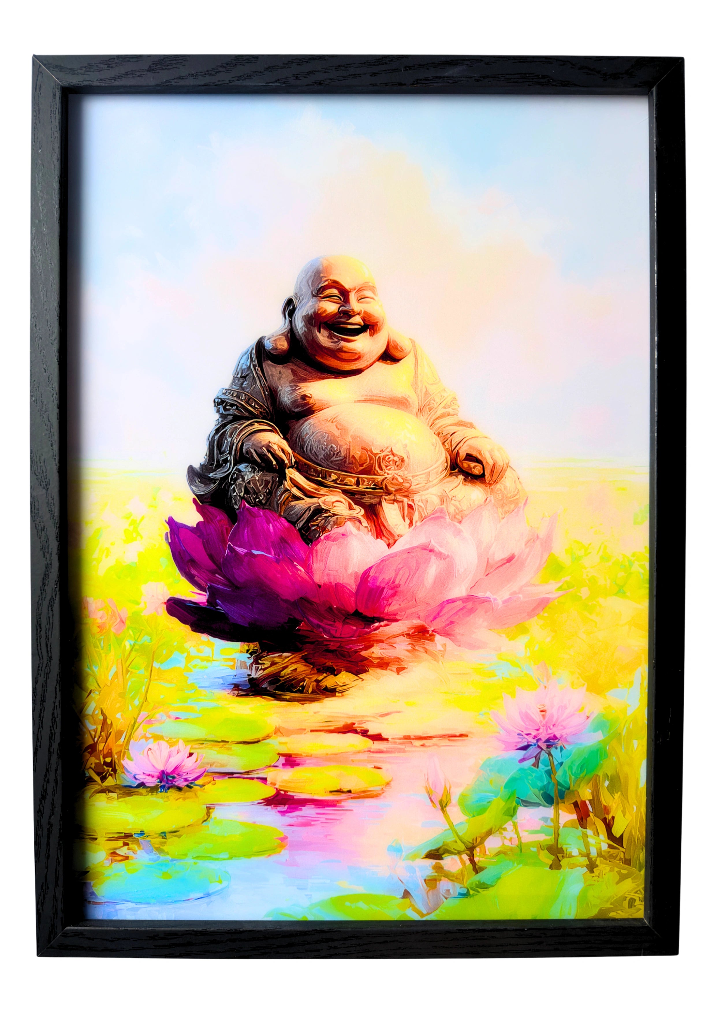 Golden Buddha statue wall art seated upon a pink lotus under soft daylight — symbol of serenity and calm reflection.
