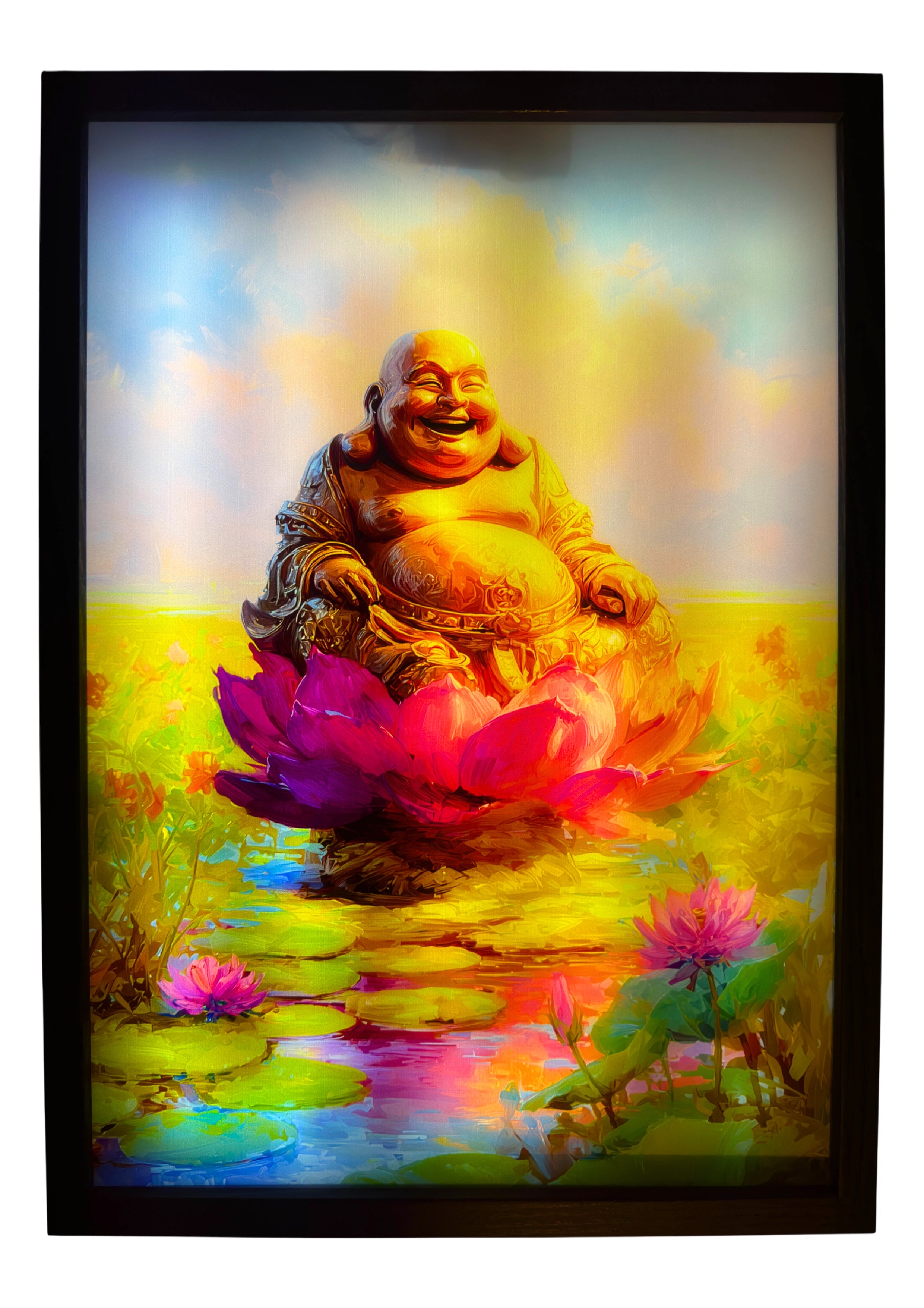Golden Buddha LED light up wall art glowing atop a radiant lotus — warm skies turning violet and gold over tranquil waters.