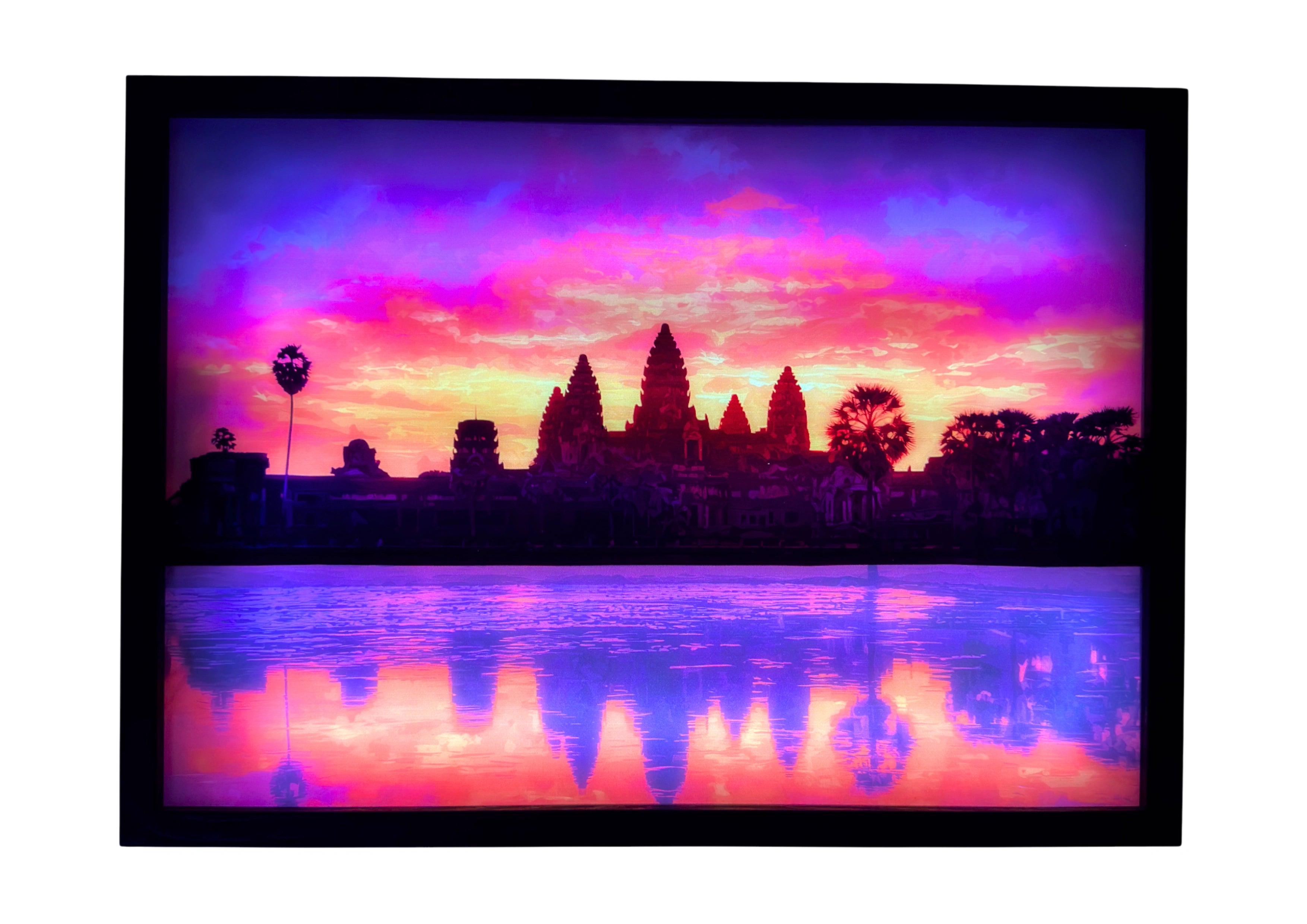 Angkor Wat LED light up wall art glowing in amber and violet — a sacred reflection of devotion and warmth.