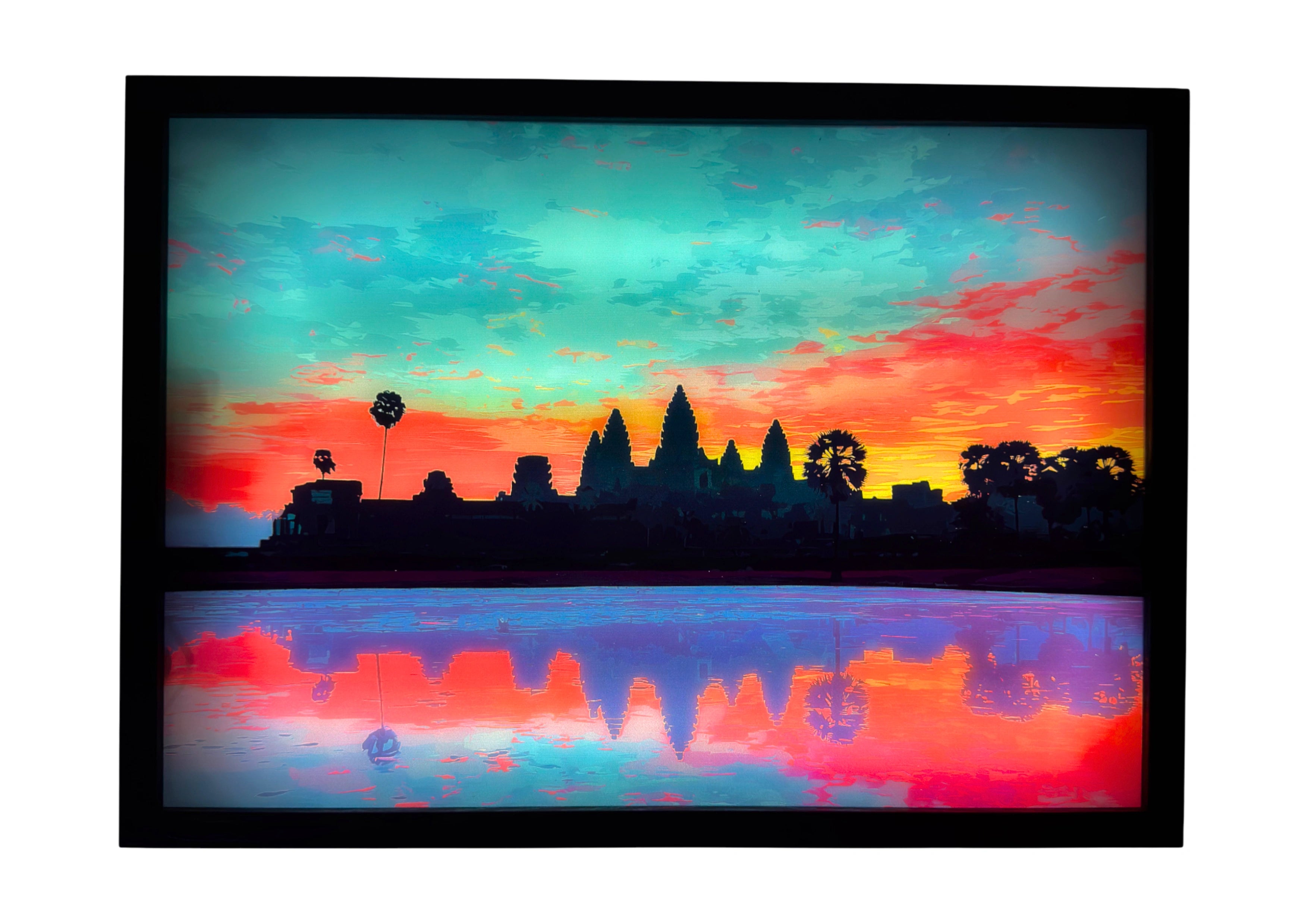 Angkor Wat LED light up wall art glowing in turquoise and crimson — temple reflection shimmering across water in radiant morning light.