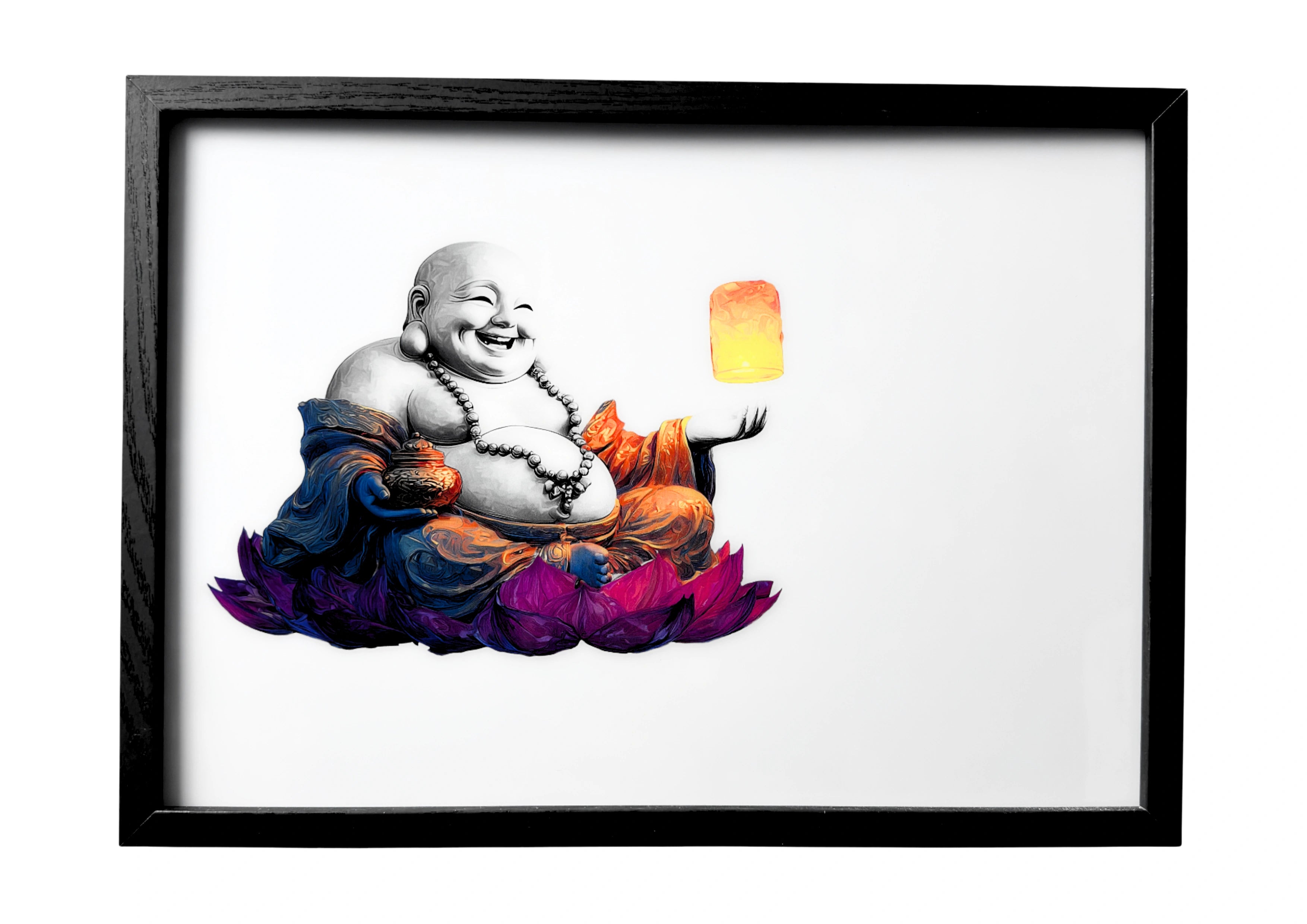 Laughing Buddha wall art holding a glowing lantern, seated on a pink lotus. A framed artwork of Buddhist peace and reflection.