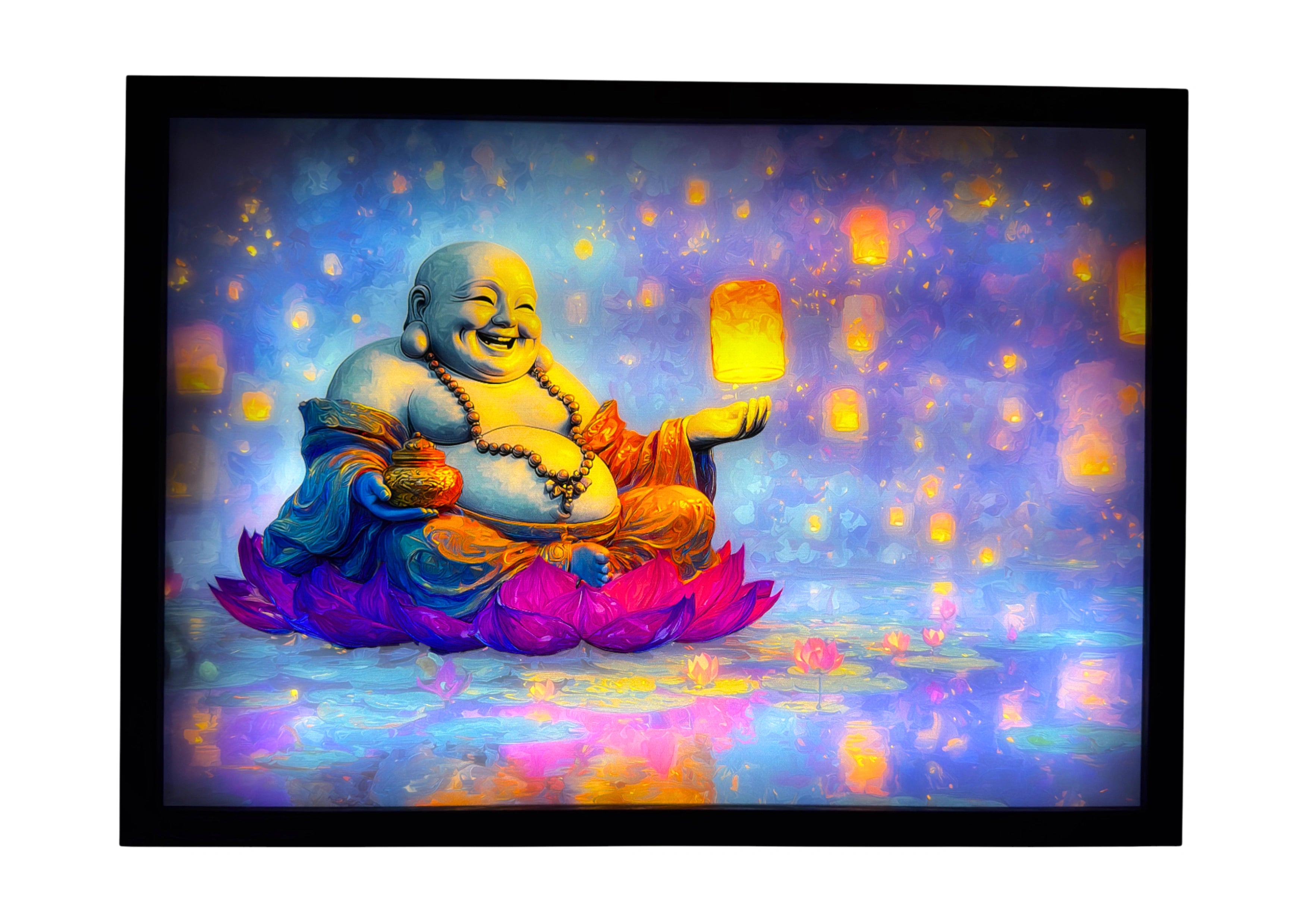 Laughing Buddha LED light up wall art glowing in gold and blue hues with floating lanterns — a radiant Buddhist-inspired piece of serenity and joy.