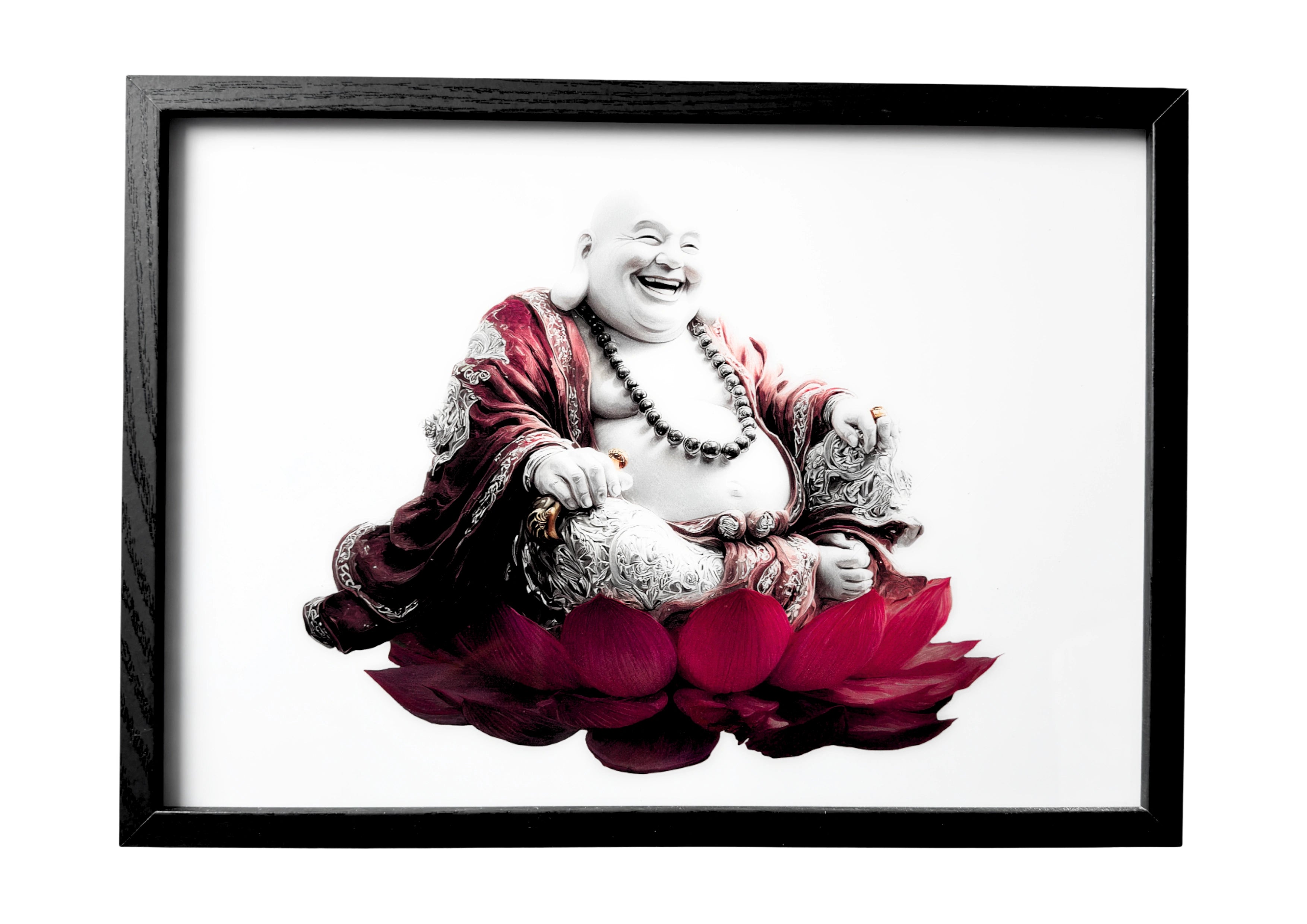 Laughing Buddha wall art sitting on pink lotus, gold robe details visible. A symbol of joy and calm reflection.