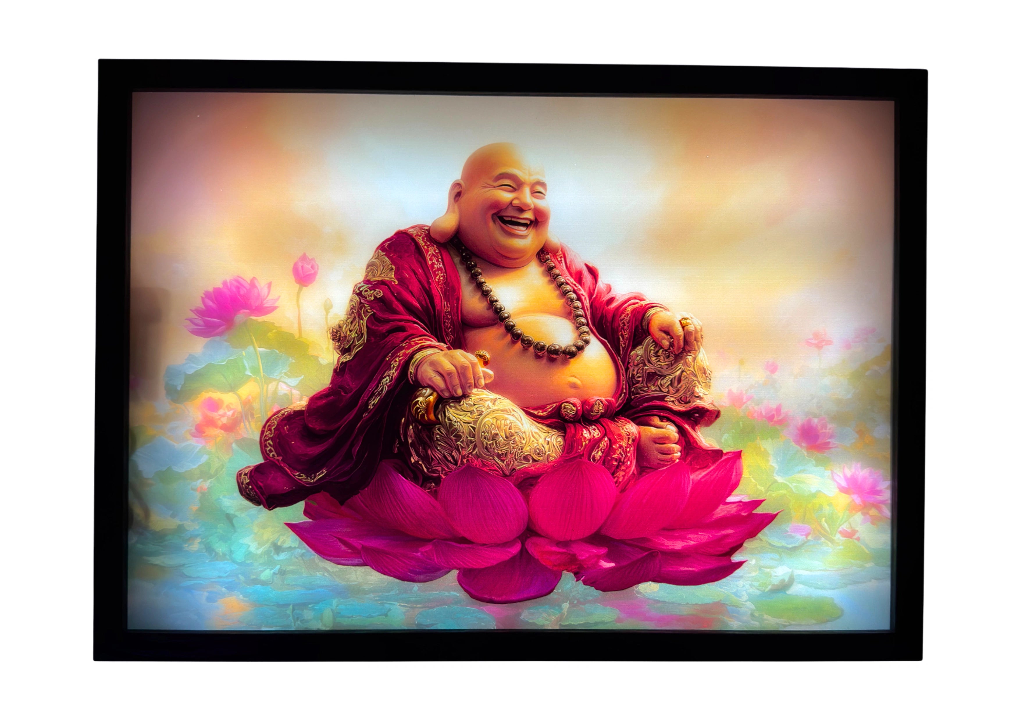 Laughing Buddha LED light up wall art glowing in crimson and gold light — a radiant symbol of warmth and spiritual joy.
