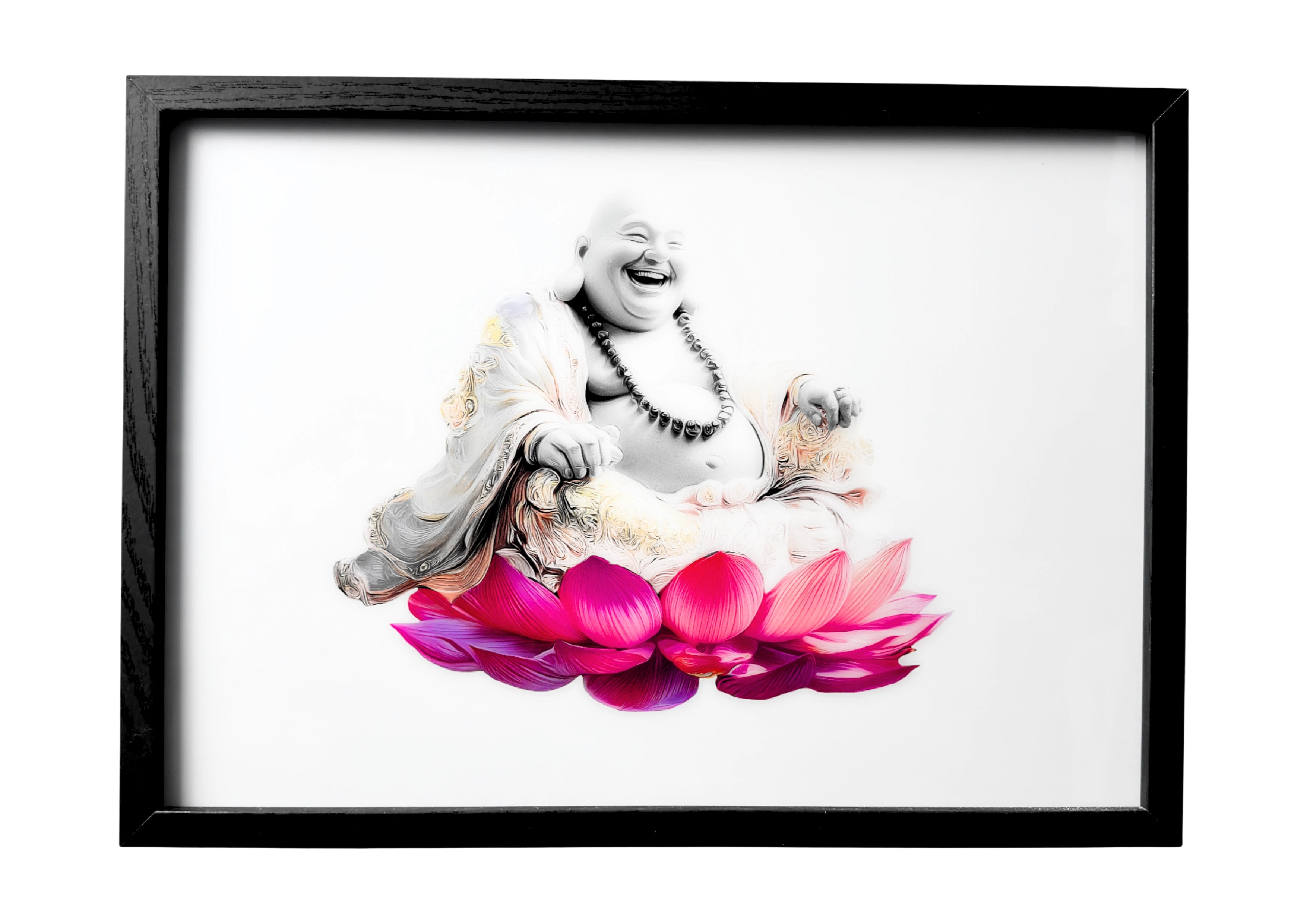 Laughing Buddha seated on a pink lotus with gold-trimmed robe. A framed artwork of peaceful Buddhist symbolism.