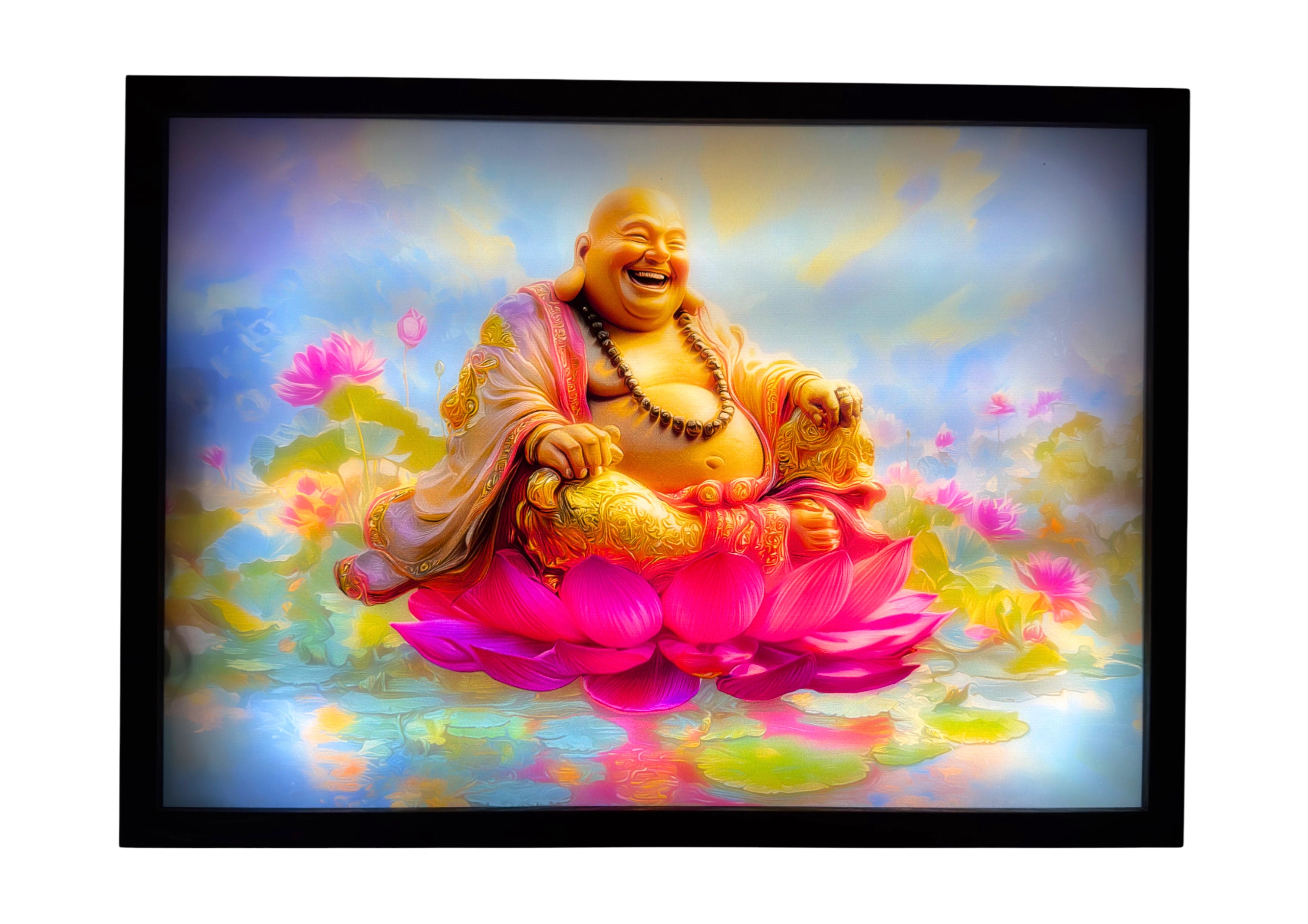 Laughing Buddha LED light up wall art glowing with blue and rose hues, gold robe shining among lotus blooms — a radiant Buddhist-inspired piece.