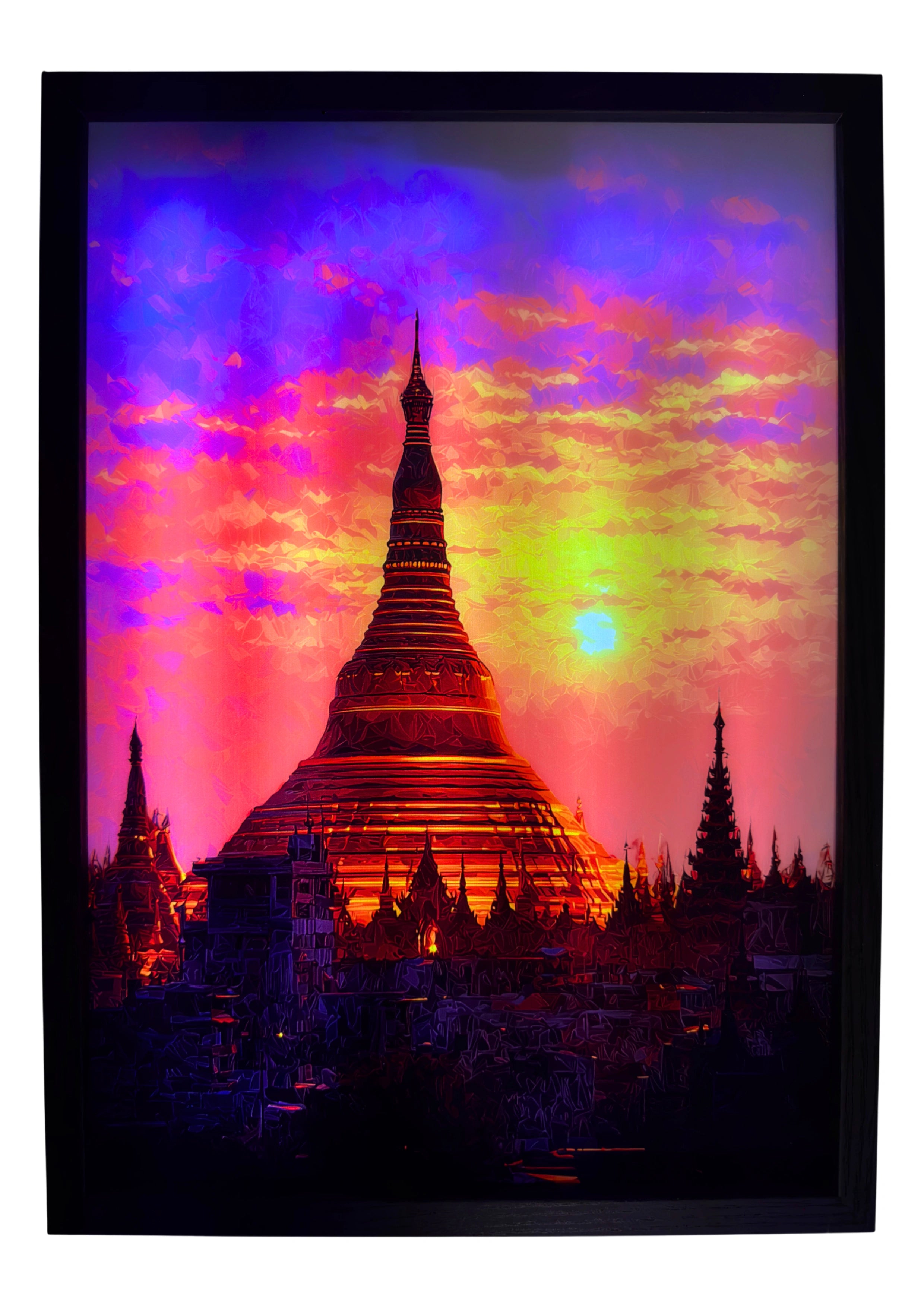 The Shwedagon Pagoda glowing beneath crimson and amber skies — LED wall art inspired by Buddhist serenity, faith, and sacred light.