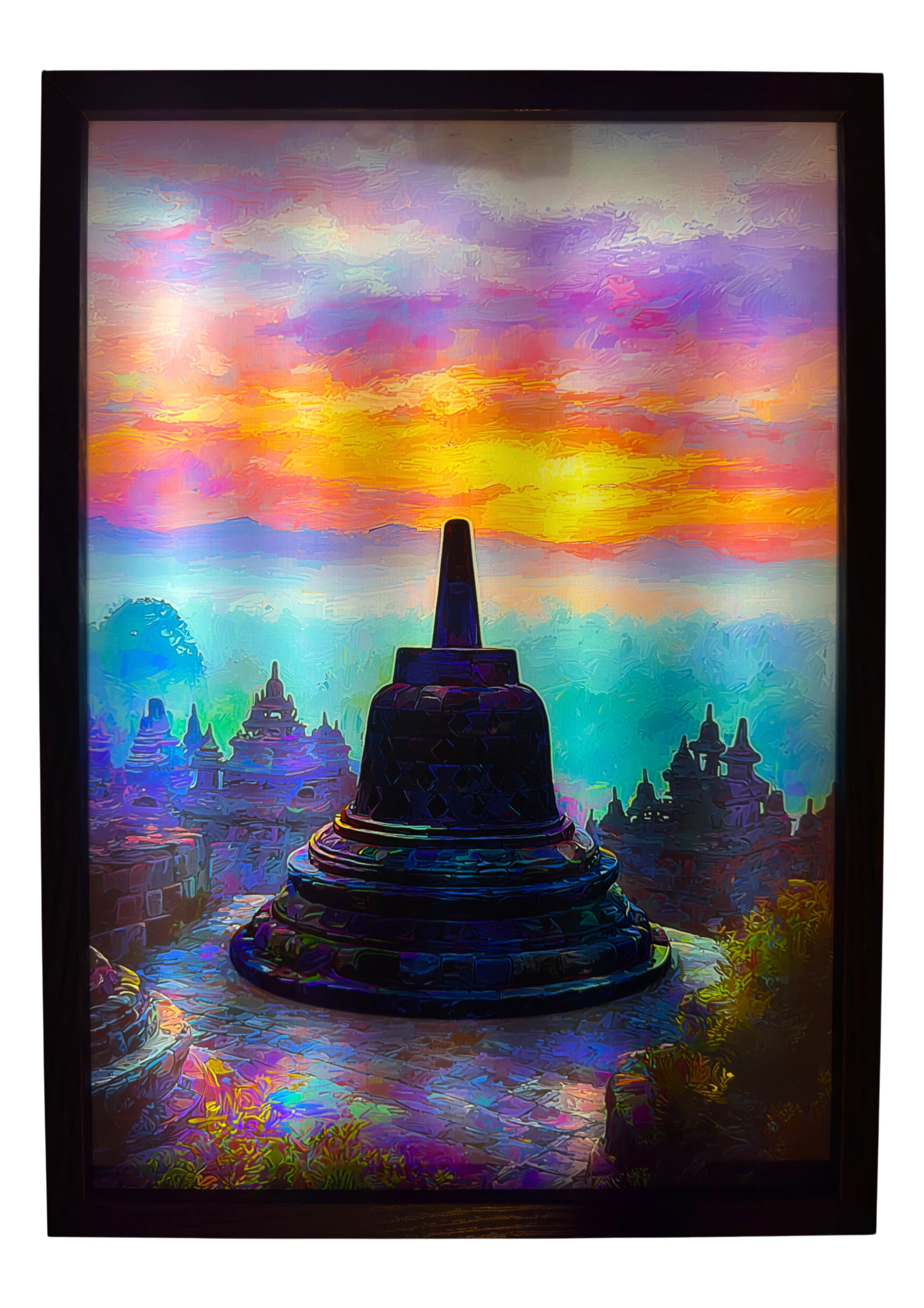 The Borobudur Stupa glowing beneath azure and violet skies — LED wall art inspired by Buddhist serenity and enlightenment.