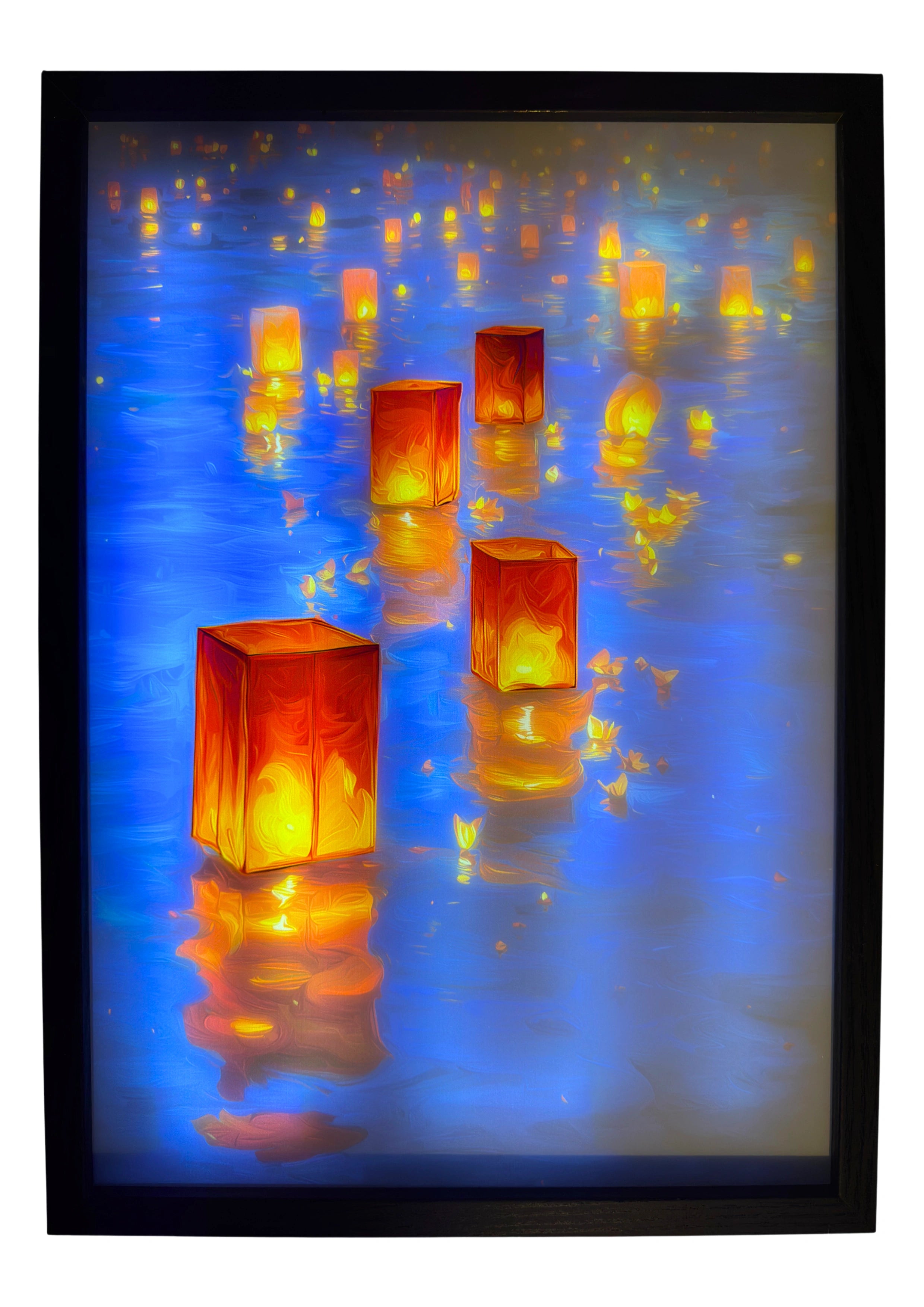 Floating golden lanterns glowing over indigo waters beneath a midnight sky — LED wall art inspired by Buddhist serenity and peaceful devotion.