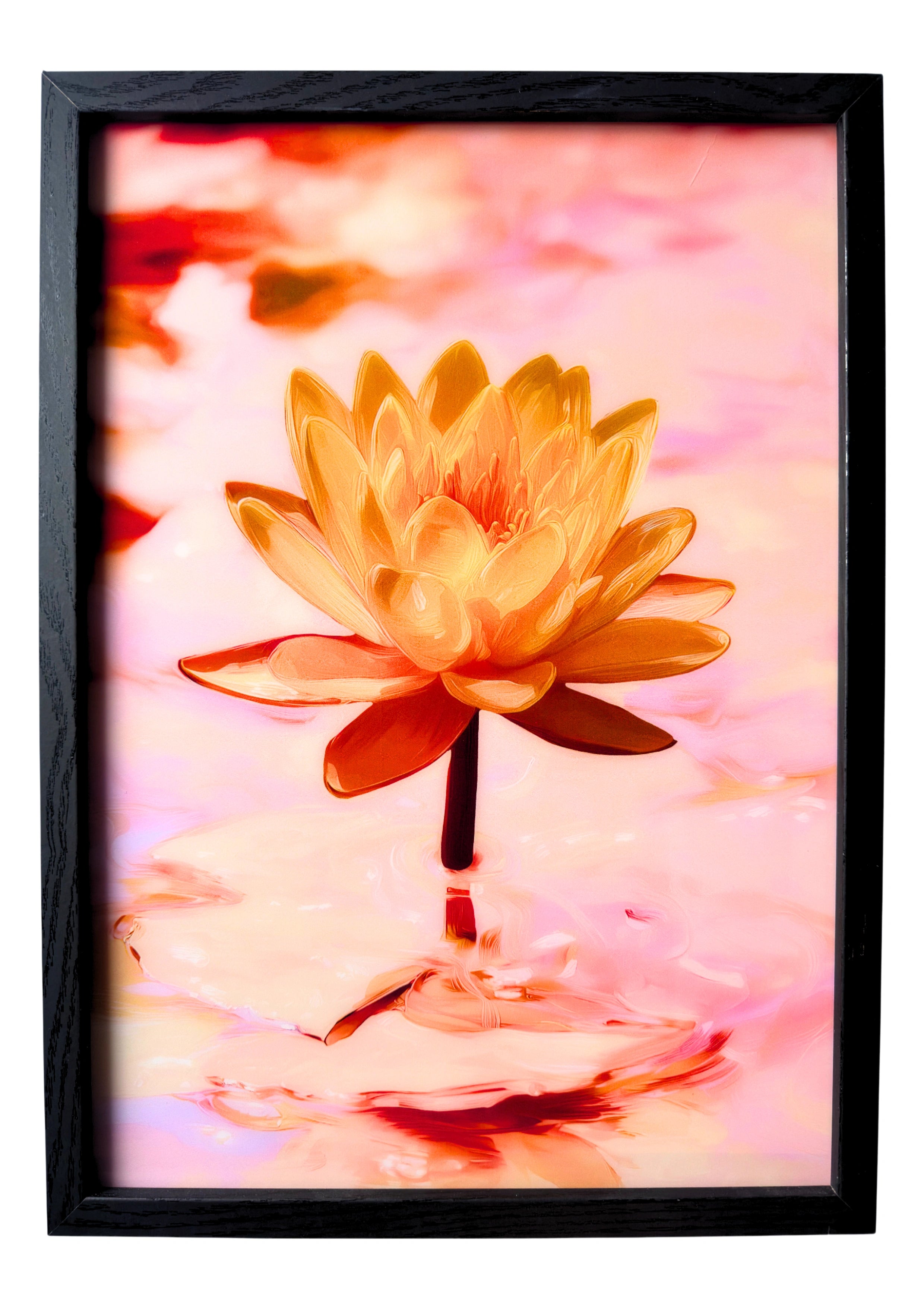 Golden lotus floating on pale pink water, delicate glow captured in still light.