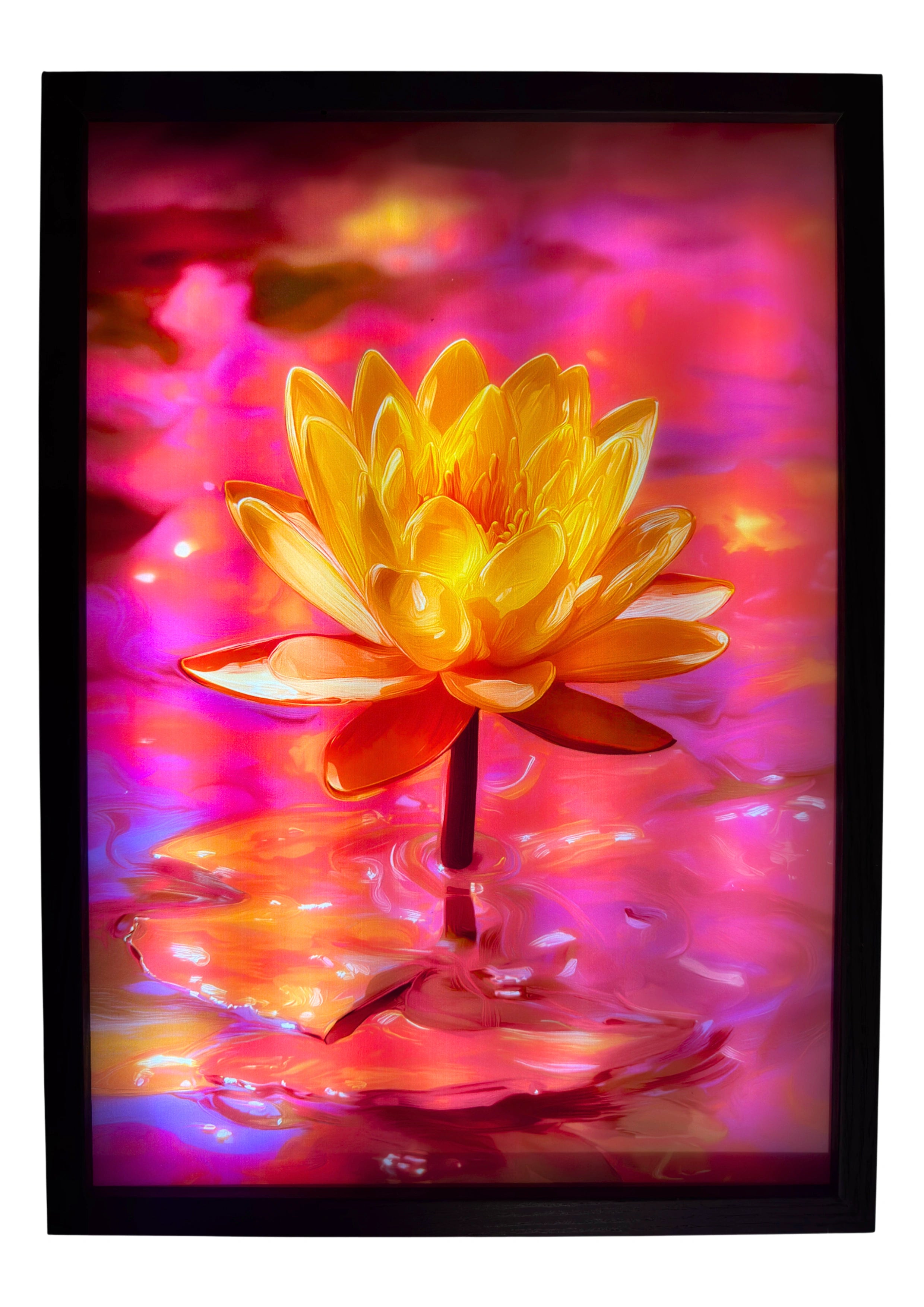 Golden lotus illuminated in warm rose and amber tones — glowing wall art inspired by Buddhist serenity and symbolism.