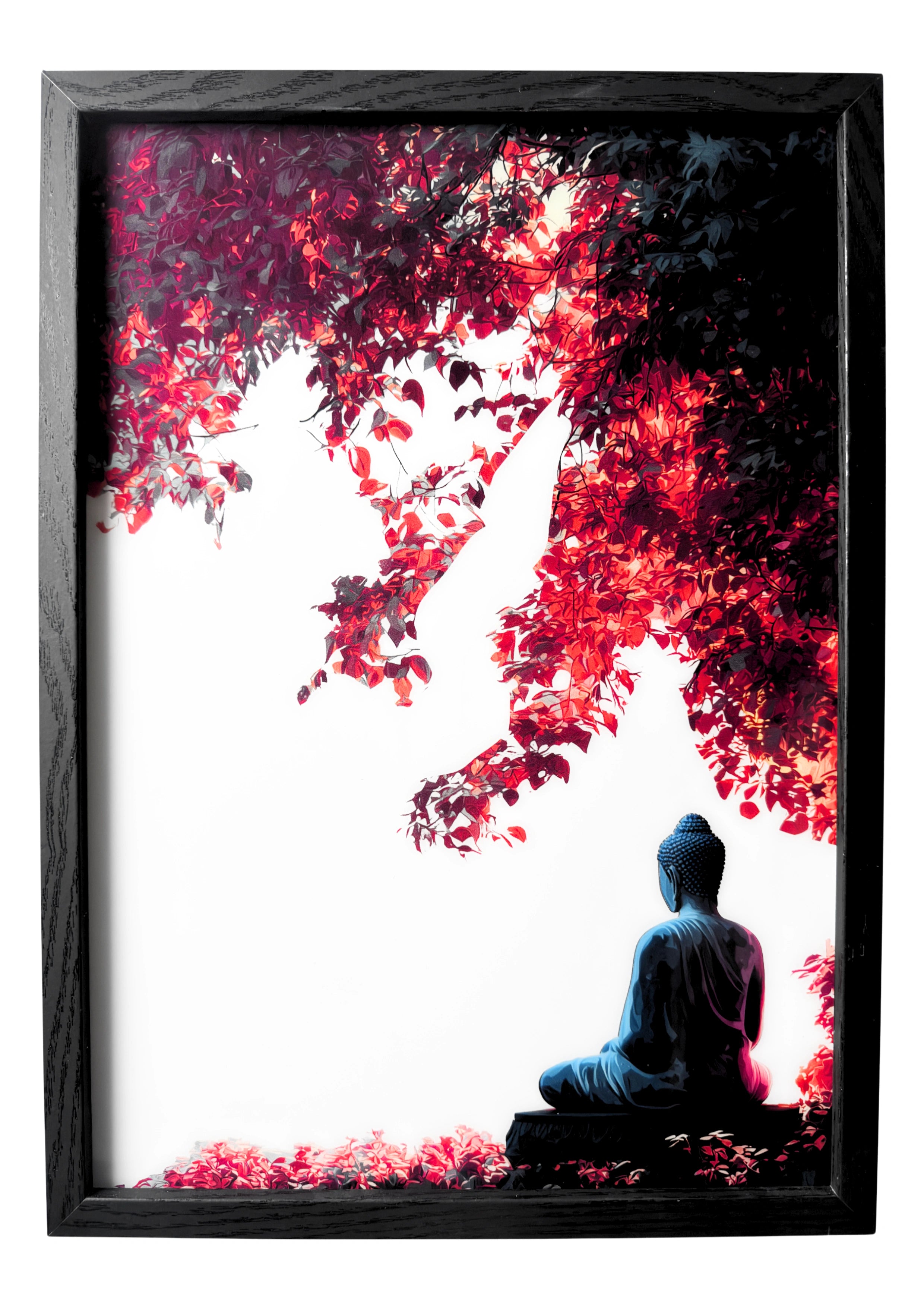 Buddha seated beneath crimson-leaved Bodhi tree, serene grayscale scene with faint aqua tones.