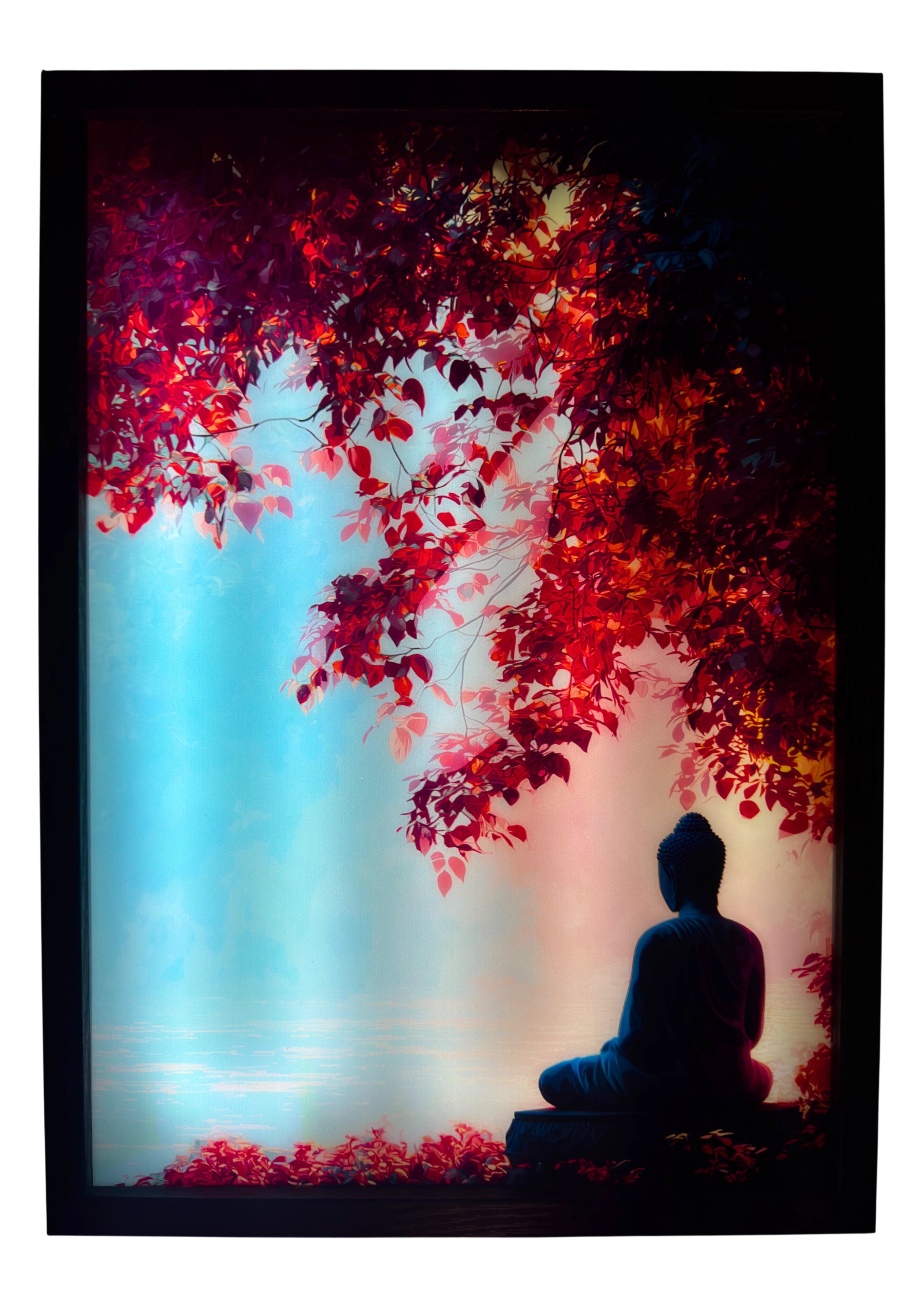 Buddha illuminated beneath red leaves and aqua sky glowing with golden morning light — a peaceful Buddhist wall art piece.