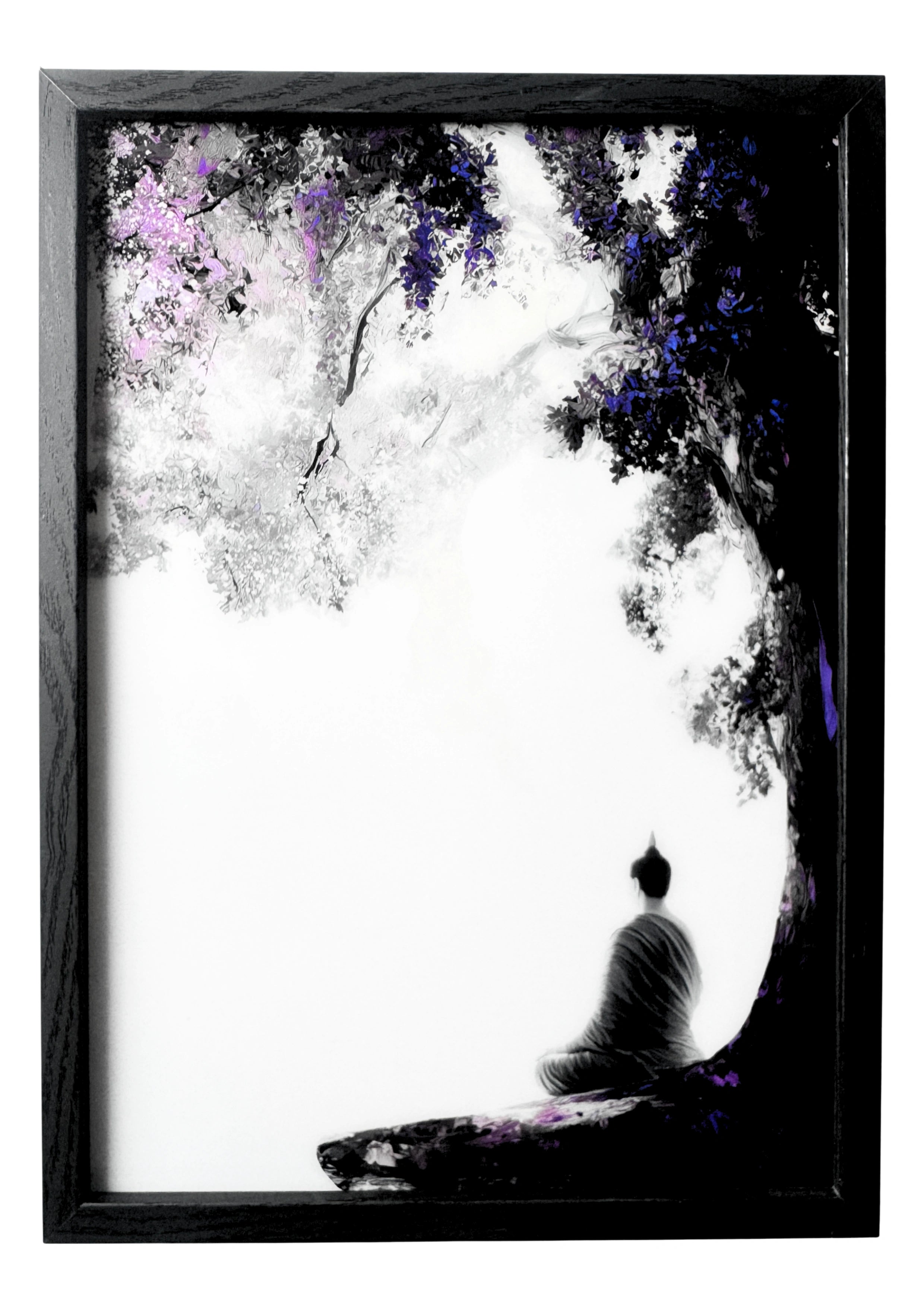 Buddha meditating beneath the Bodhi tree with soft lavender tones in peaceful grayscale.