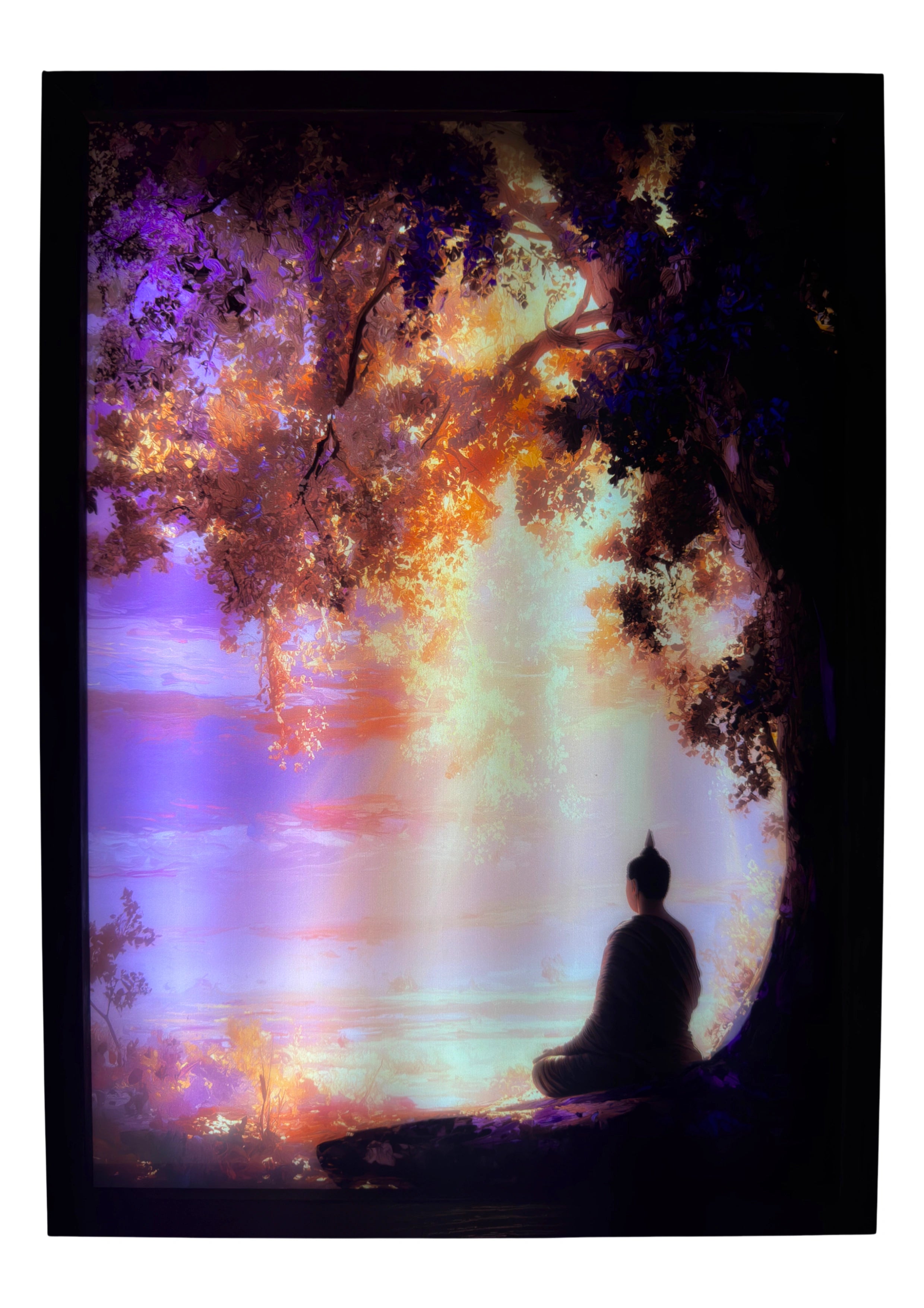 Buddha illuminated beneath lavender and gold light filtering through the Bodhi tree, symbolising enlightenment and calm.