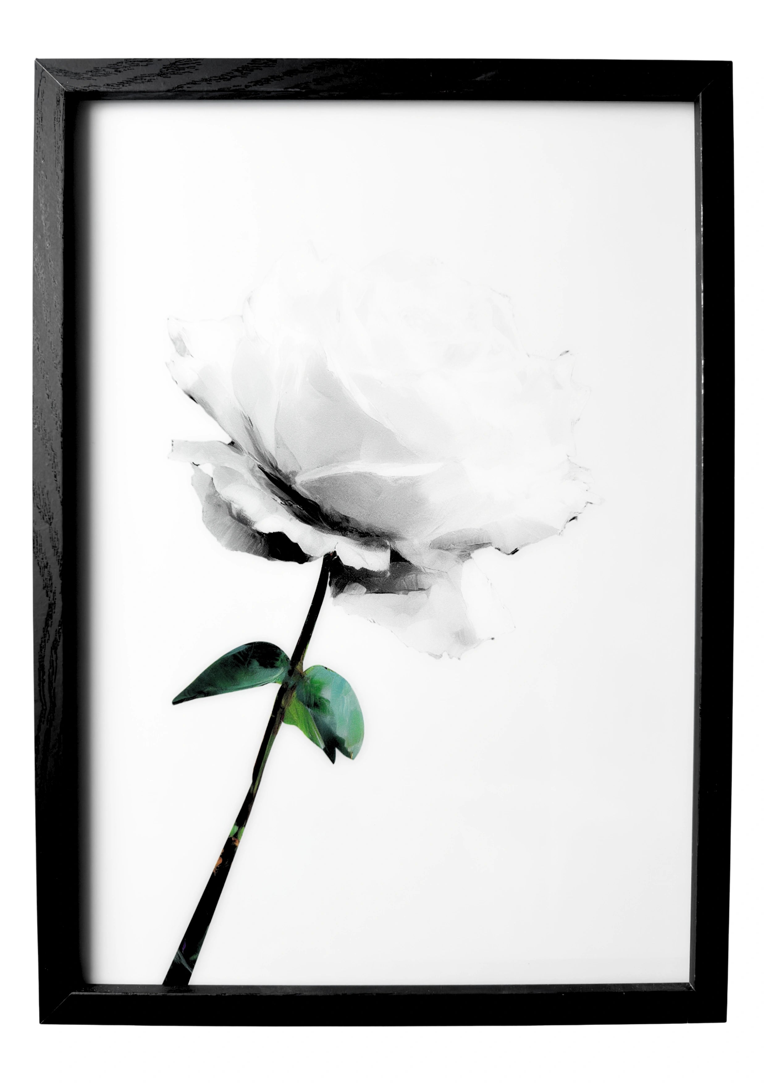 Rose wall art in a minimalist style, single white rose with green leaves against a clean white background.