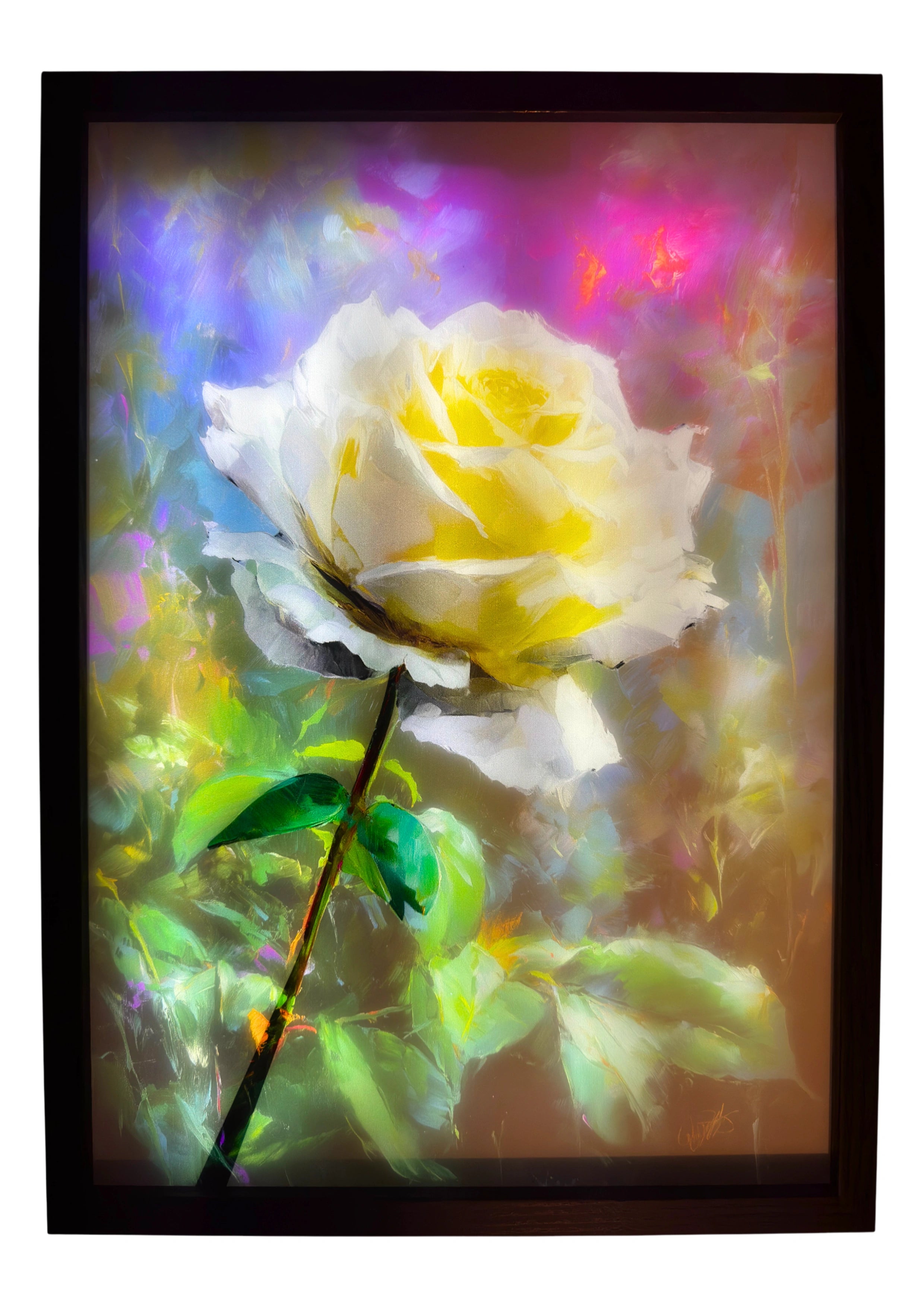 Rose light up wall art glowing with soft white petals against a colorful background, illuminated for ambient lighting.