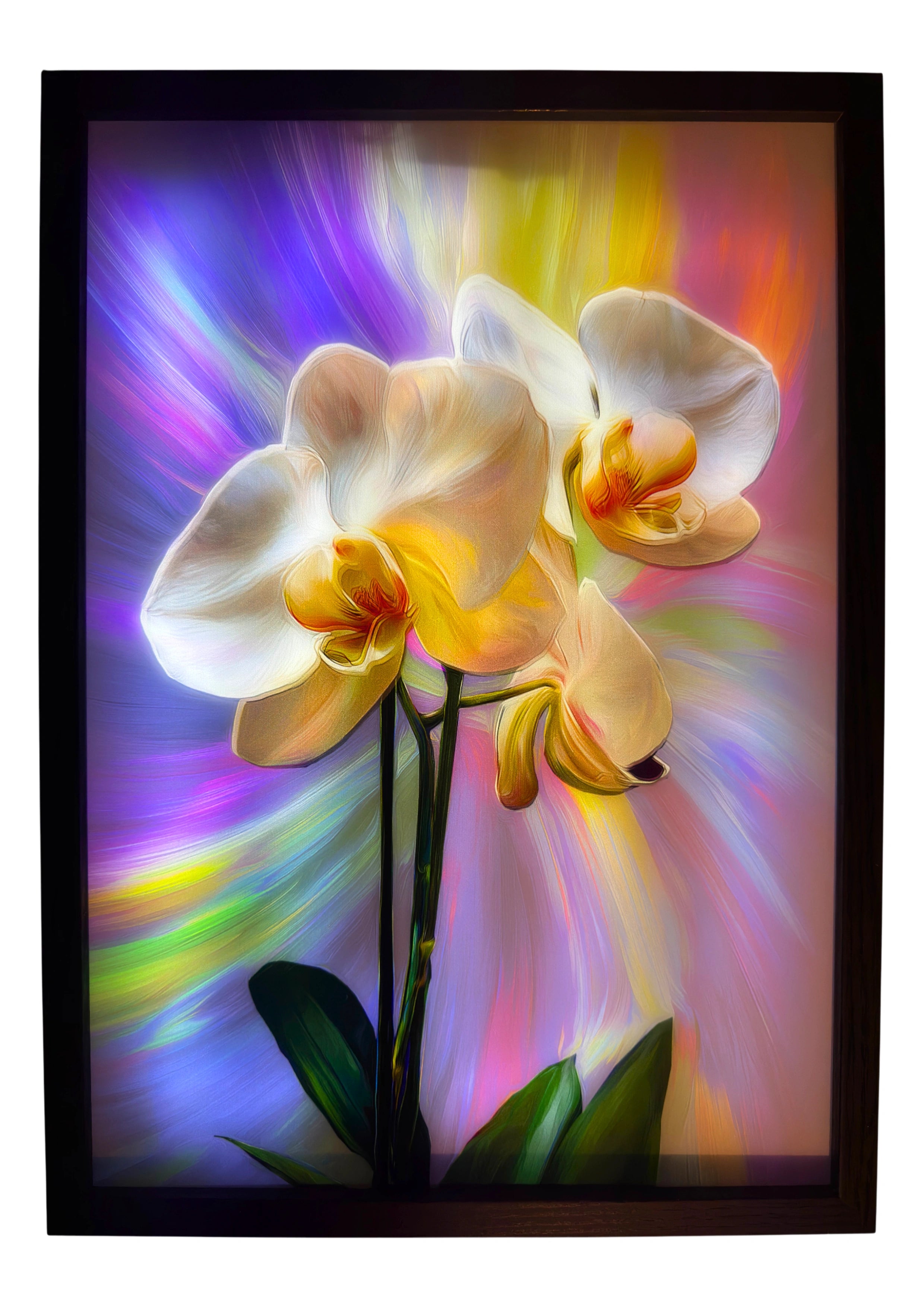 Calla lily light up wall art glowing with white petals and golden center against a colorful dusk background for ambient lighting.