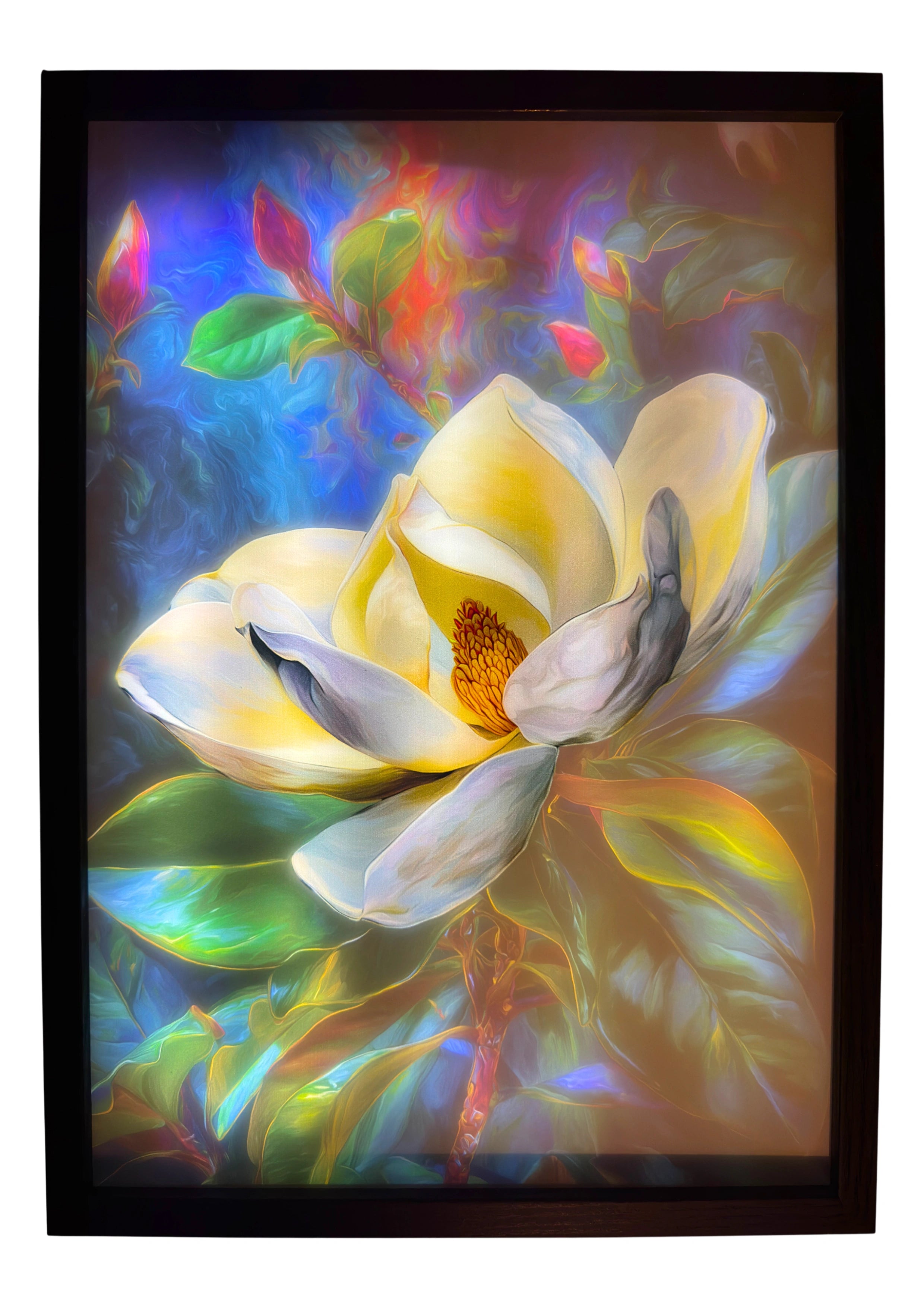 Magnolia light up wall art glowing with white petals and golden center against a colorful background, illuminated for ambient lighting.