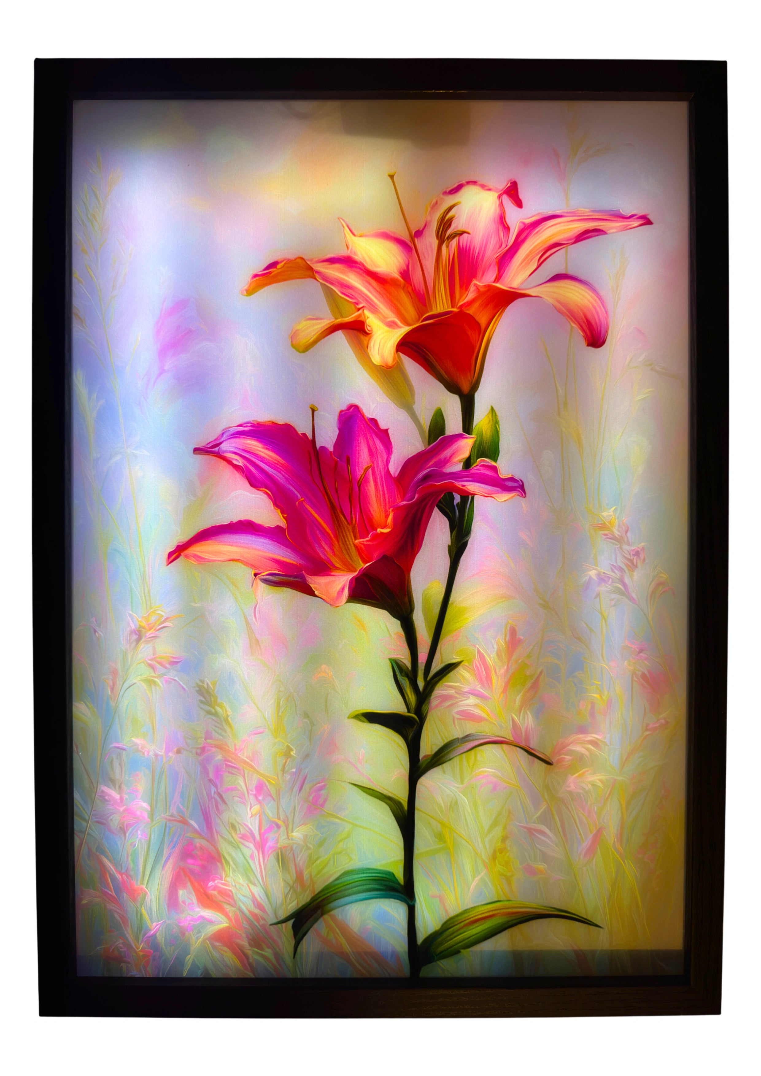 Lily light up wall art glowing with pink petals against a soft colorful background, illuminated for ambient lighting.