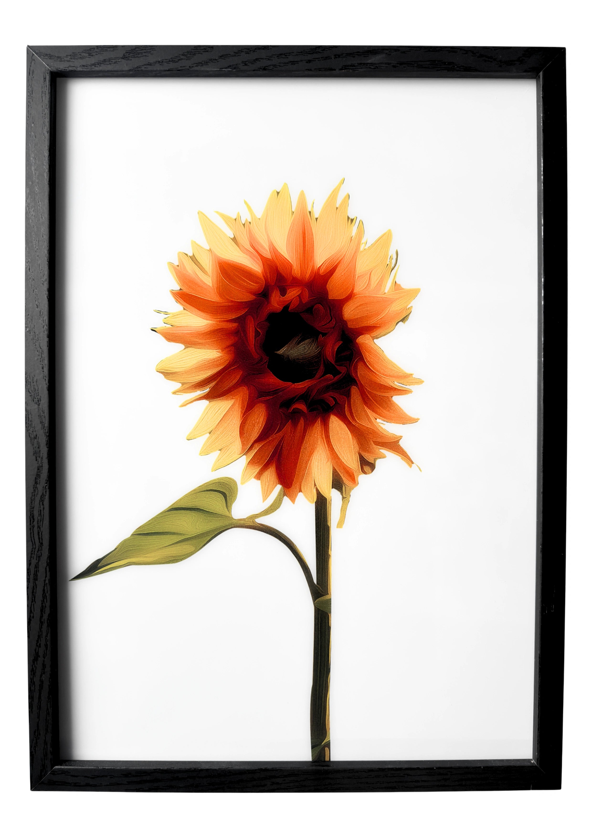 Sunflower wall art in a minimalist style, single sunflower with yellow petals and green stem against a clean white background.