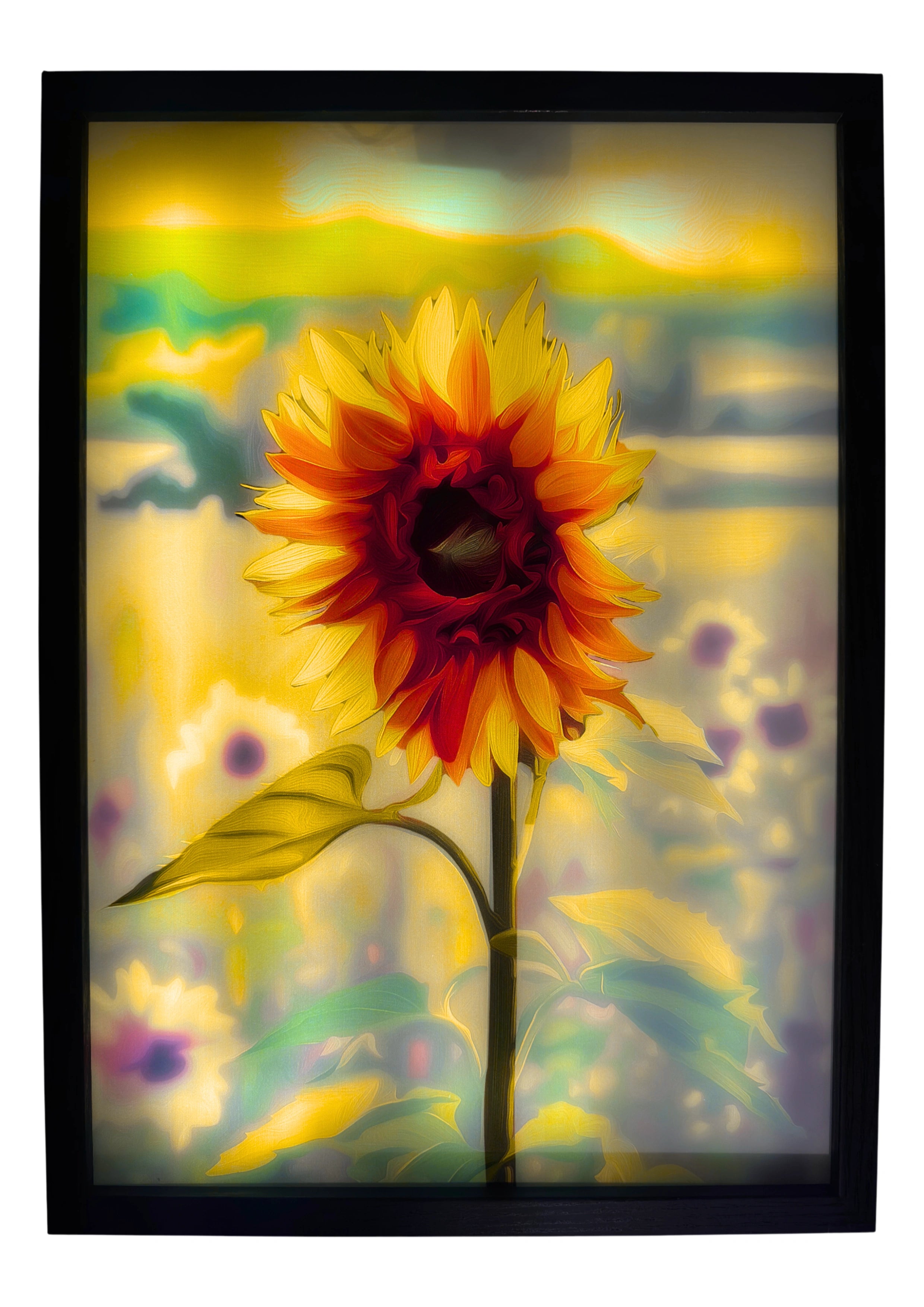Sunflower light up wall art glowing with yellow petals against a countryside hills background, illuminated for ambient lighting.