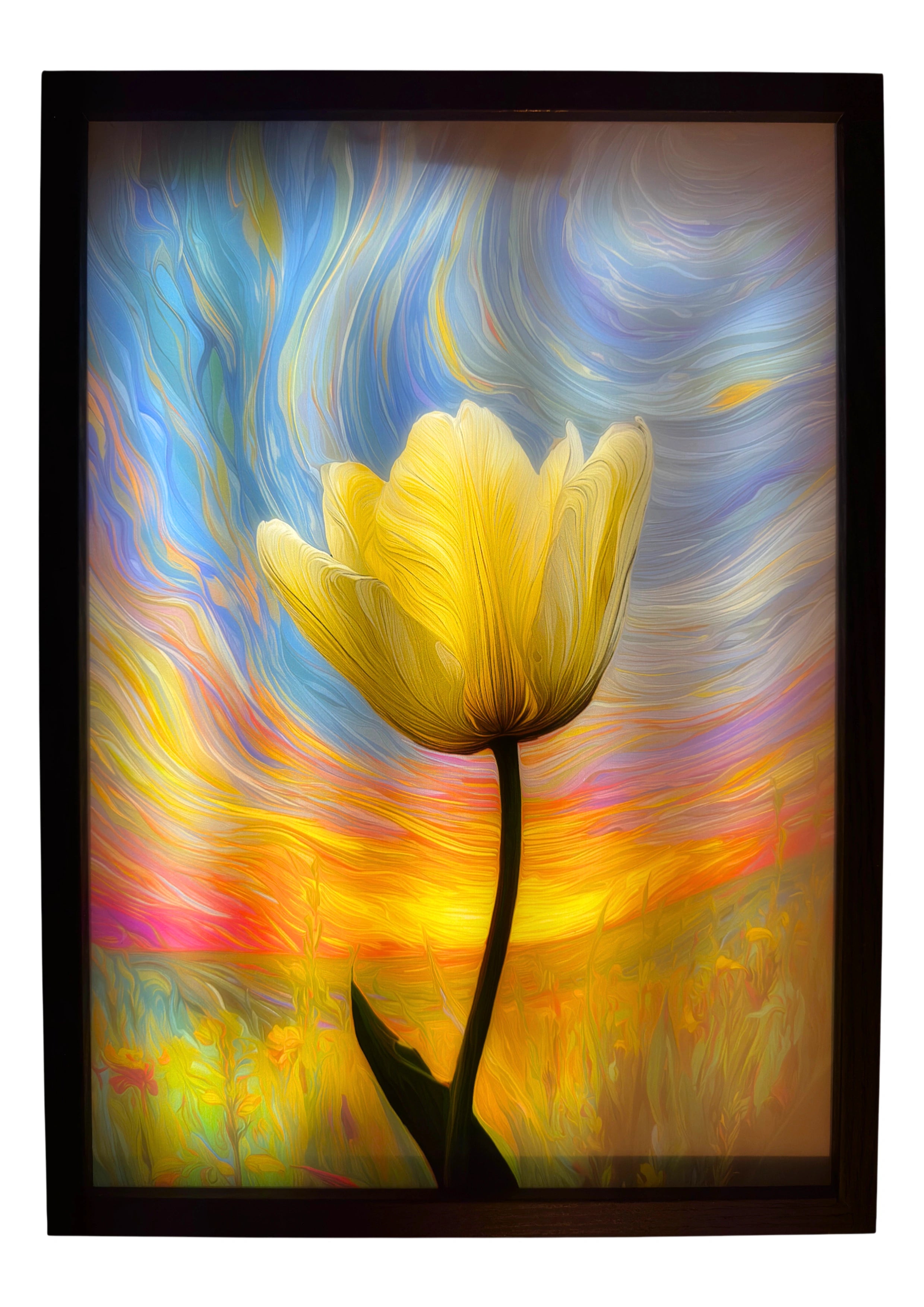 Tulip light up wall art glowing with soft white petals against a sunset sky background, illuminated for ambient lighting.