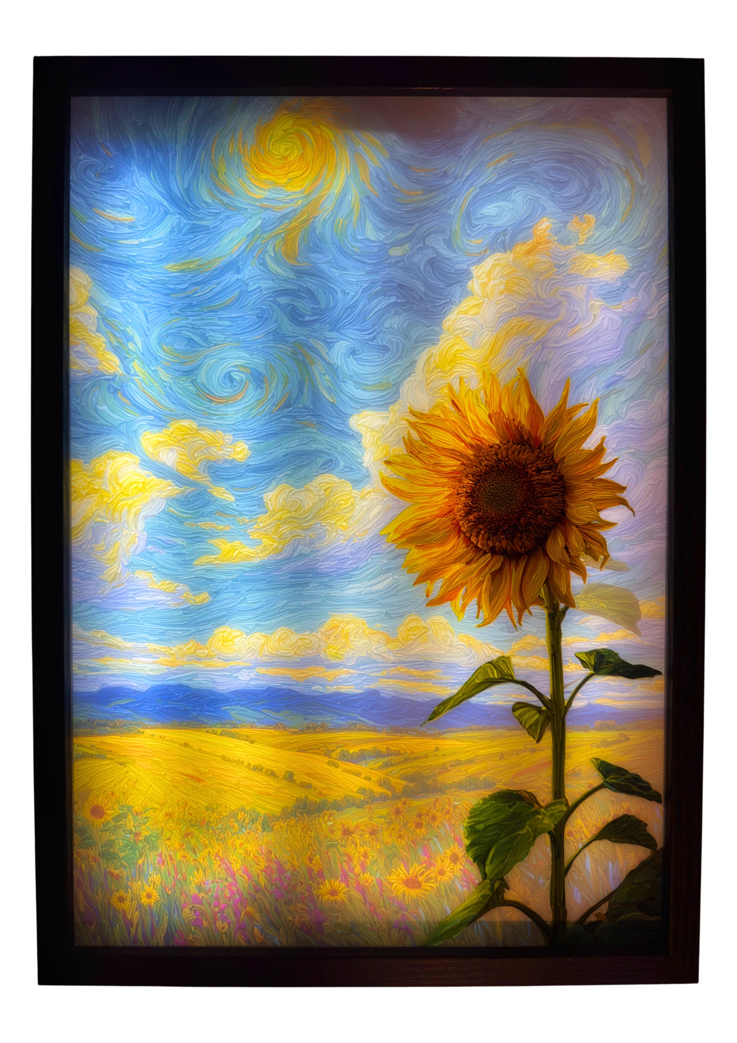 Sunflower light up wall art glowing in vibrant golden petals against a painterly blue and yellow sky, illuminated for ambient decor.