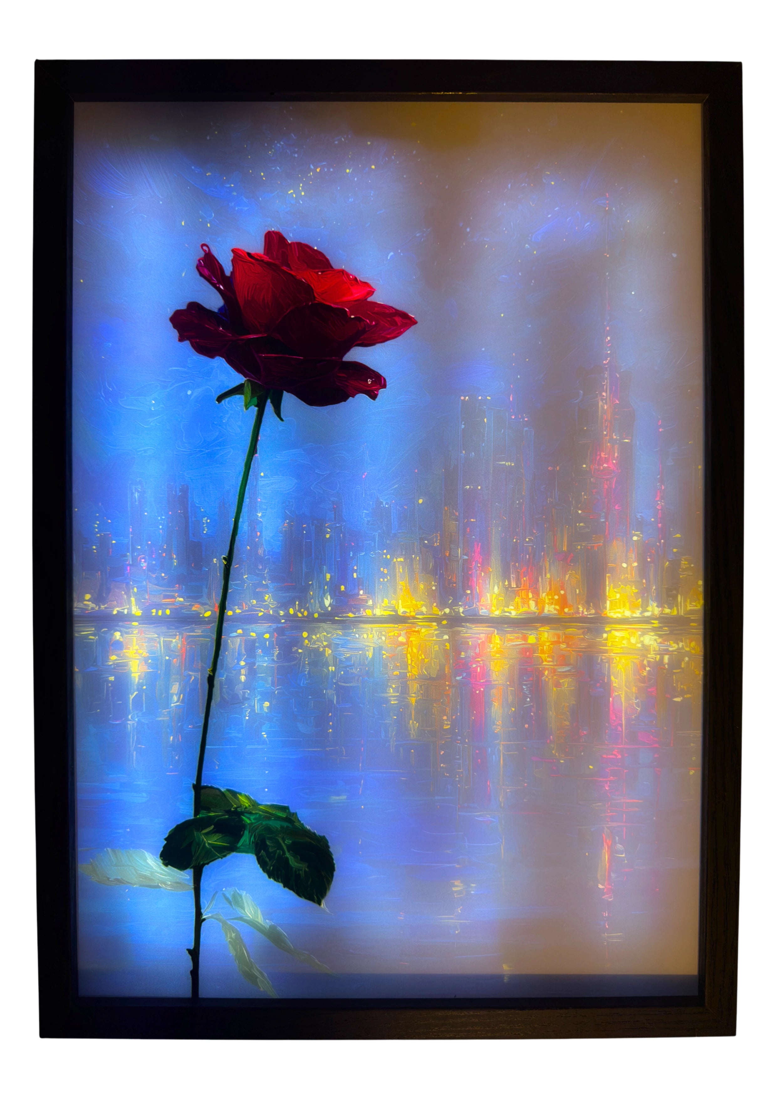 Rose light up wall art glowing with red petals against a modern city skyline and reflections, illuminated for ambient lighting.