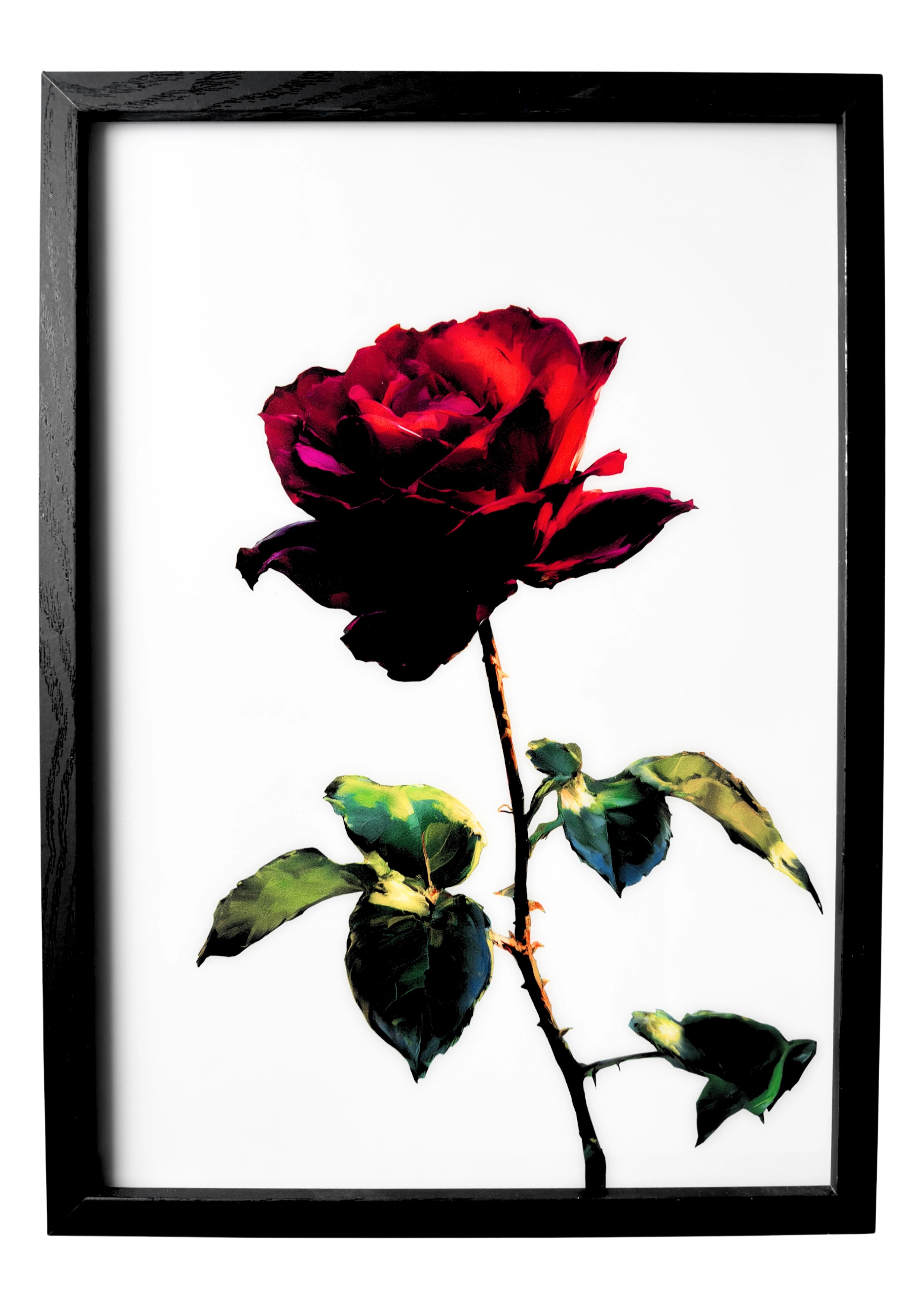 Rose wall art in a minimalist style, single red rose with green leaves against a clean white background.