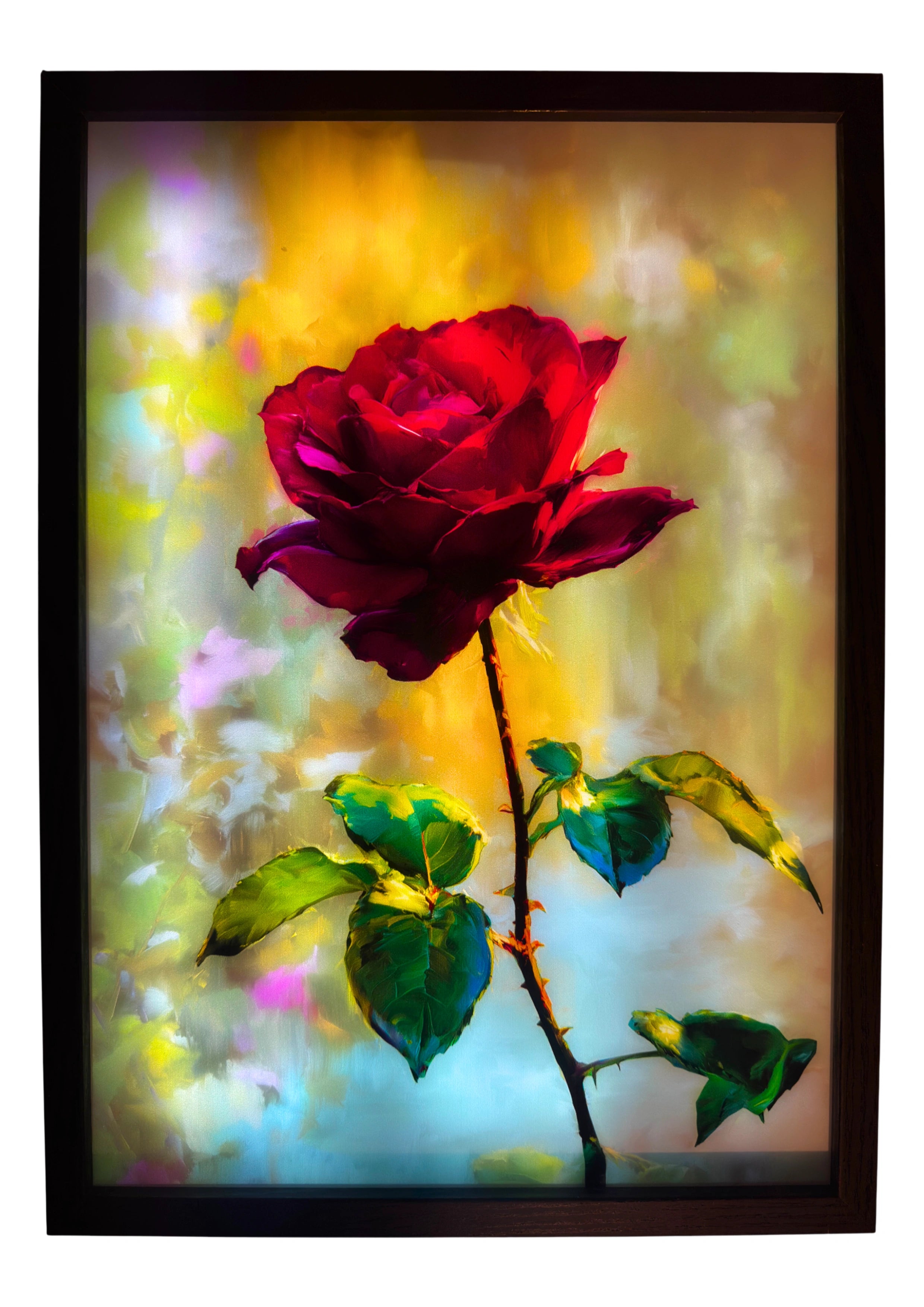 Rose light up wall art glowing with deep red petals and green leaves against a soft illuminated background for ambient lighting.