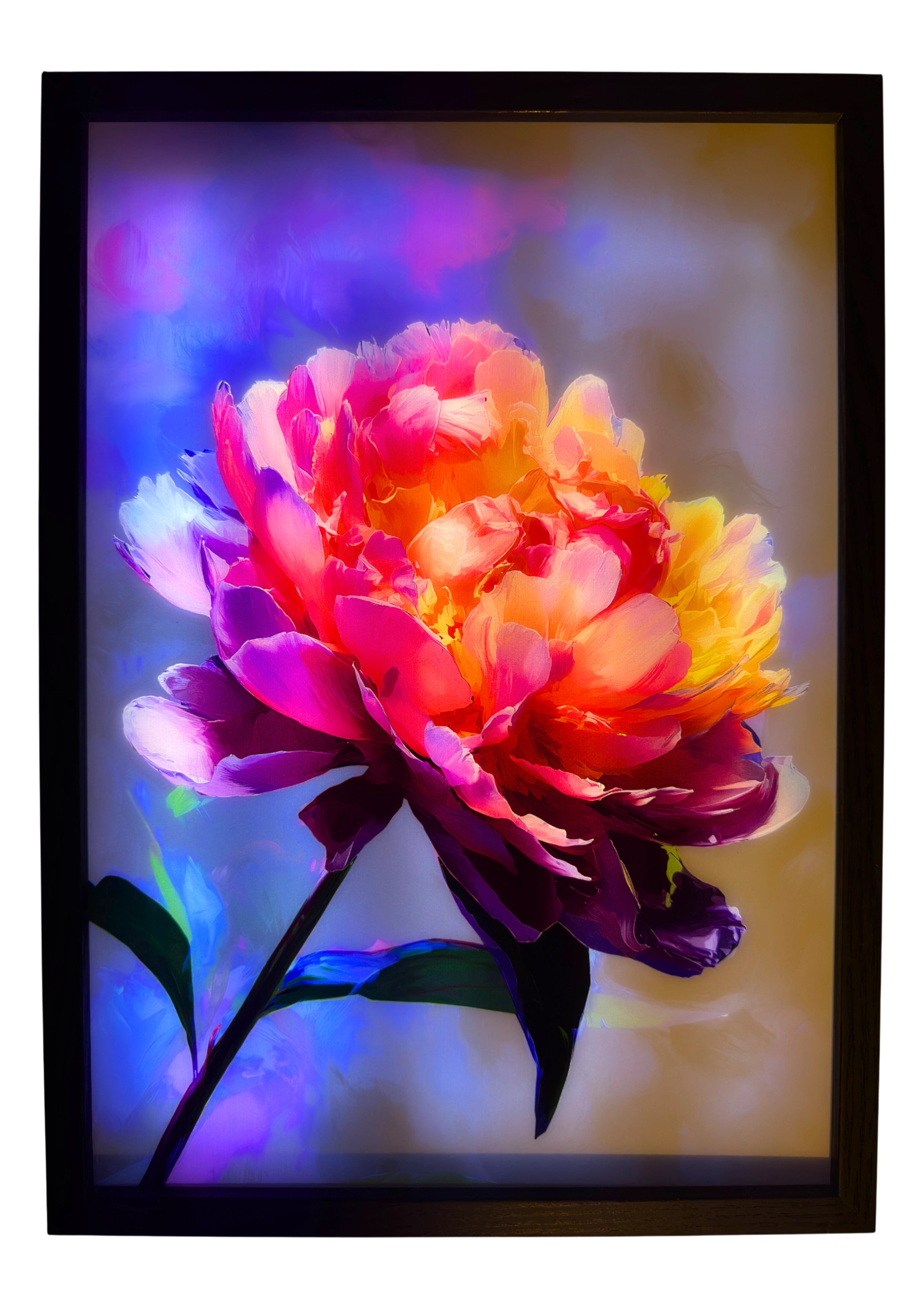 Peony light up wall art glowing with pink and coral petals against a dark illuminated background for ambient lighting.