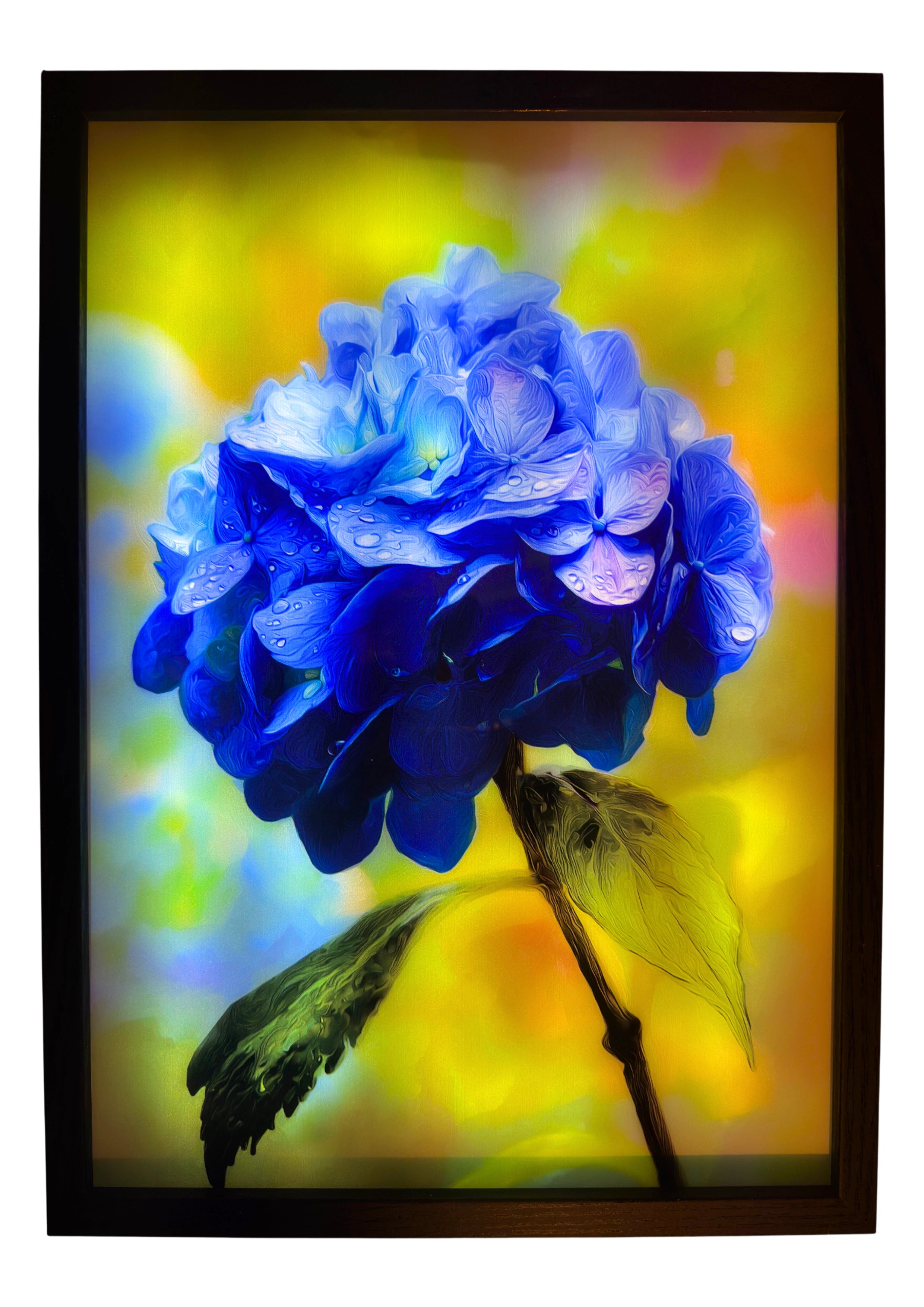 Hydrangea light up wall art glowing with blue petals against a soft green background, illuminated for ambient lighting.