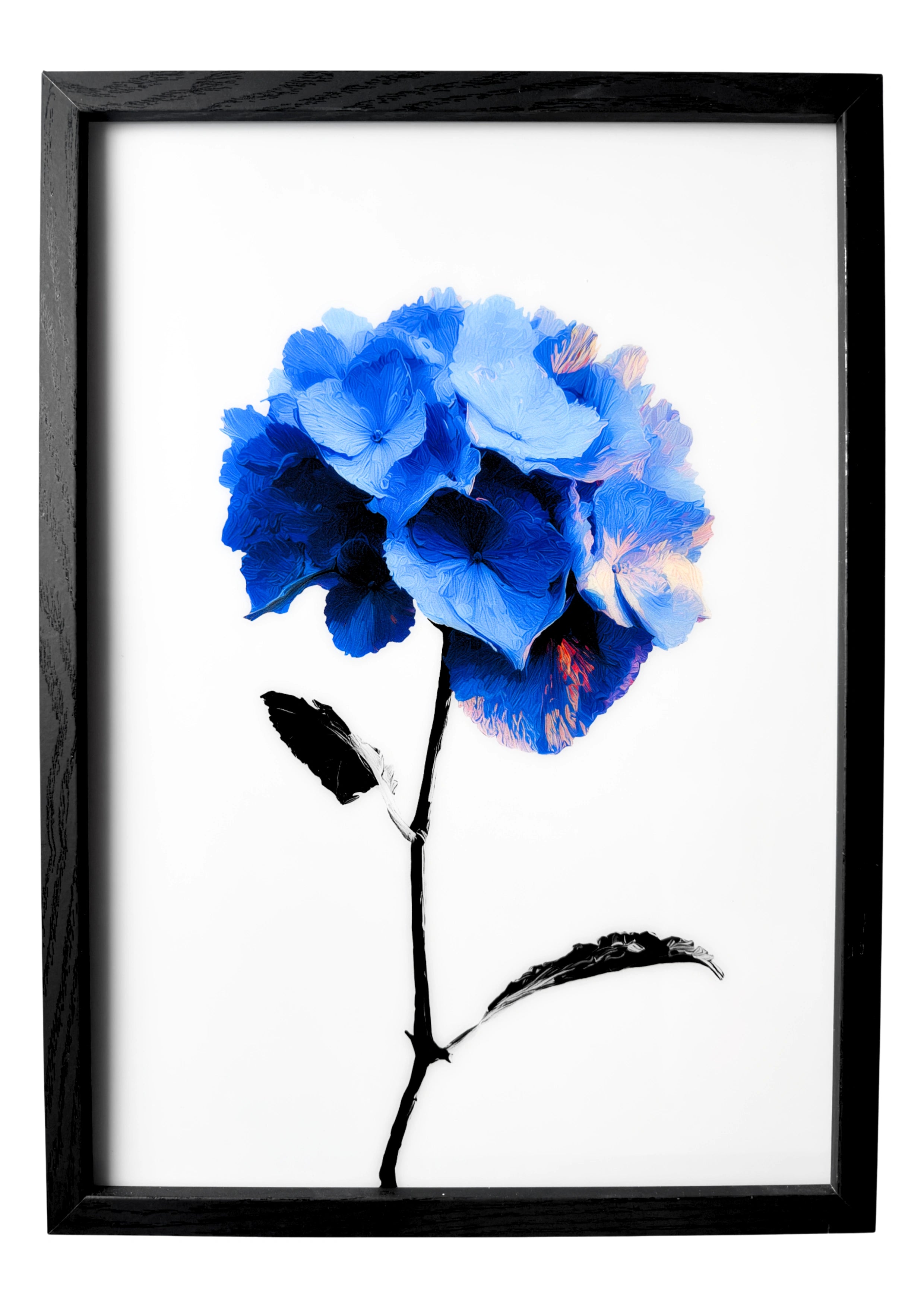 Hydrangea wall art in a minimalist style, blue hydrangea petals and stem against a clean white background.