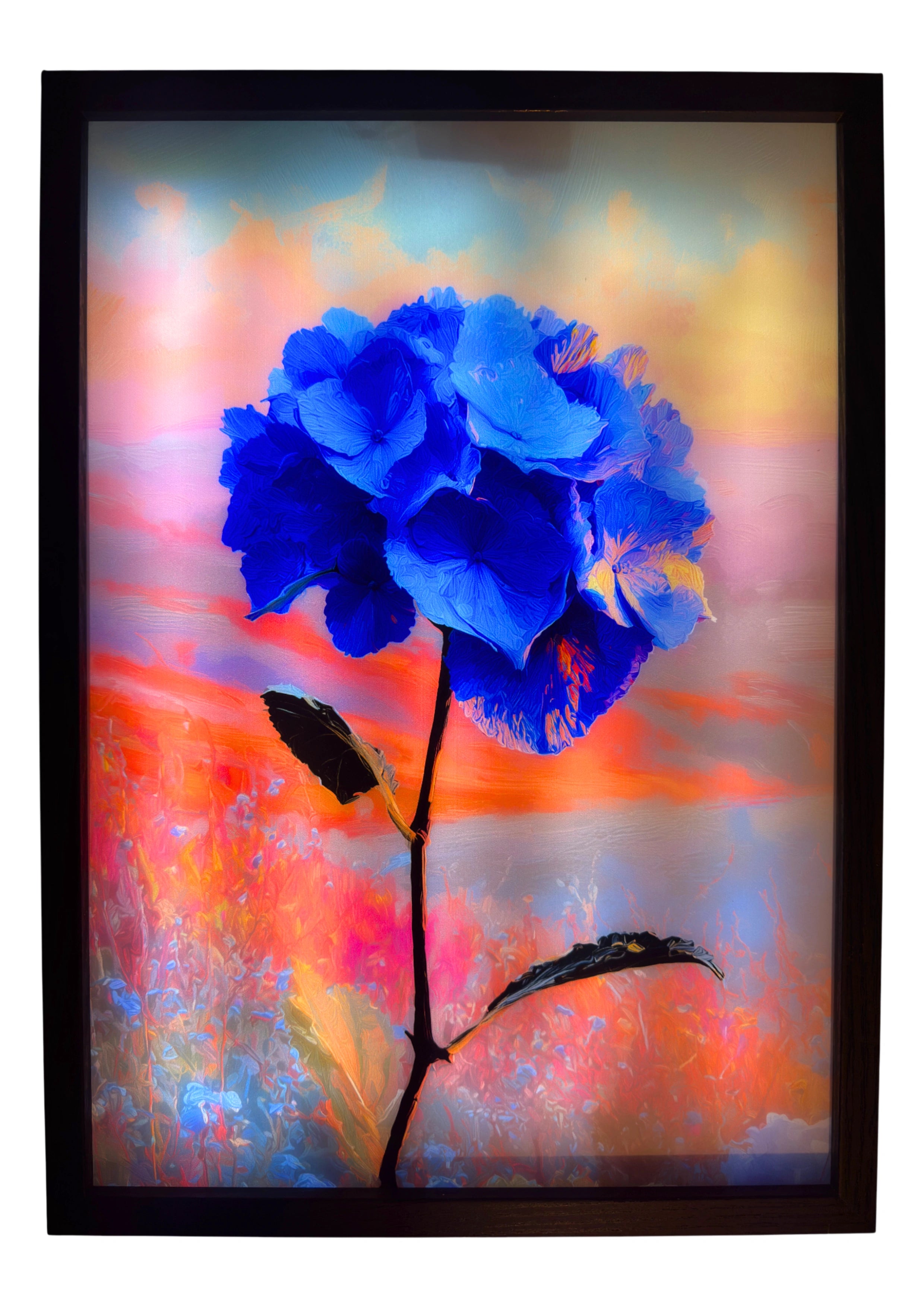 Hydrangea light up wall art glowing with blue petals against a colourful dusk background, illuminated for ambient lighting.