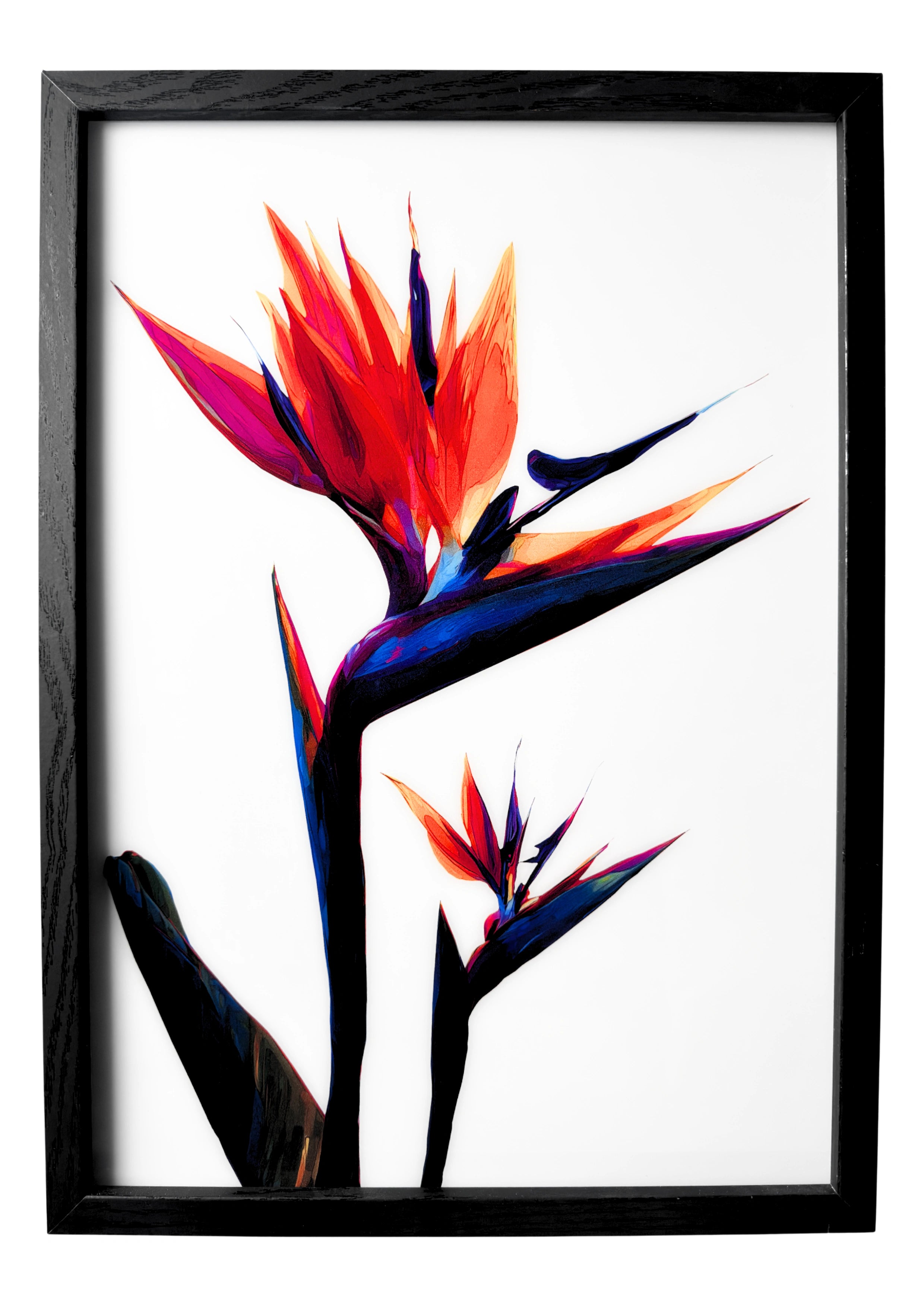 Bird of Paradise wall art in a minimalist style, orange and purple petals against a clean white background.