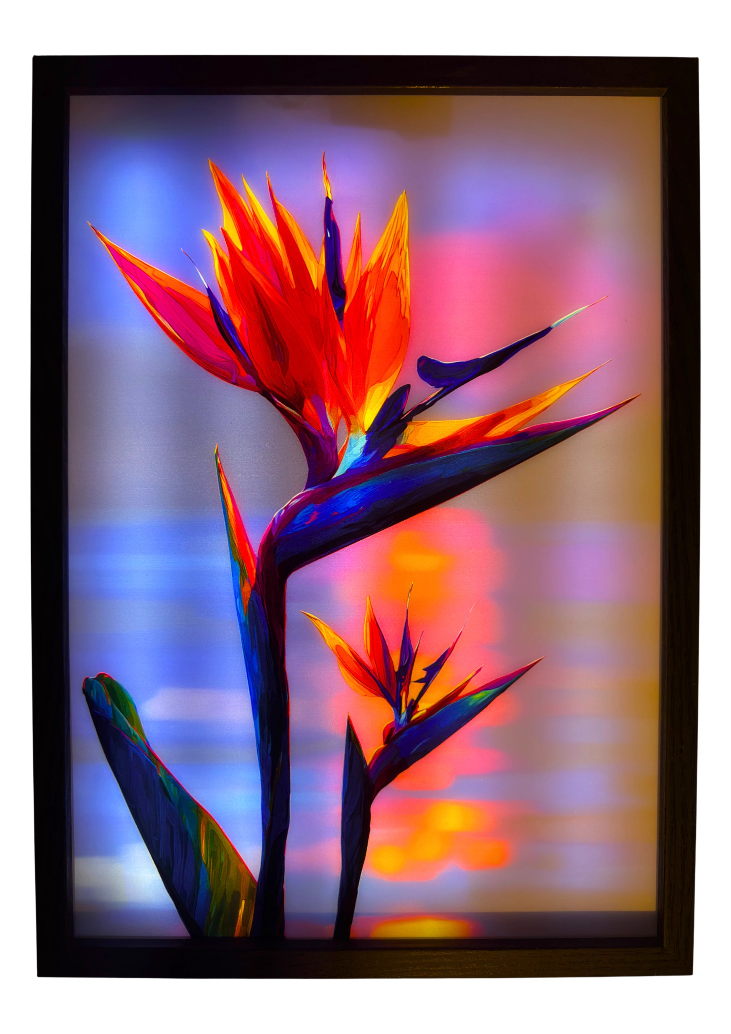 Bird of Paradise light up wall art glowing with orange petals against a colorful dusk background, illuminated for ambient lighting.