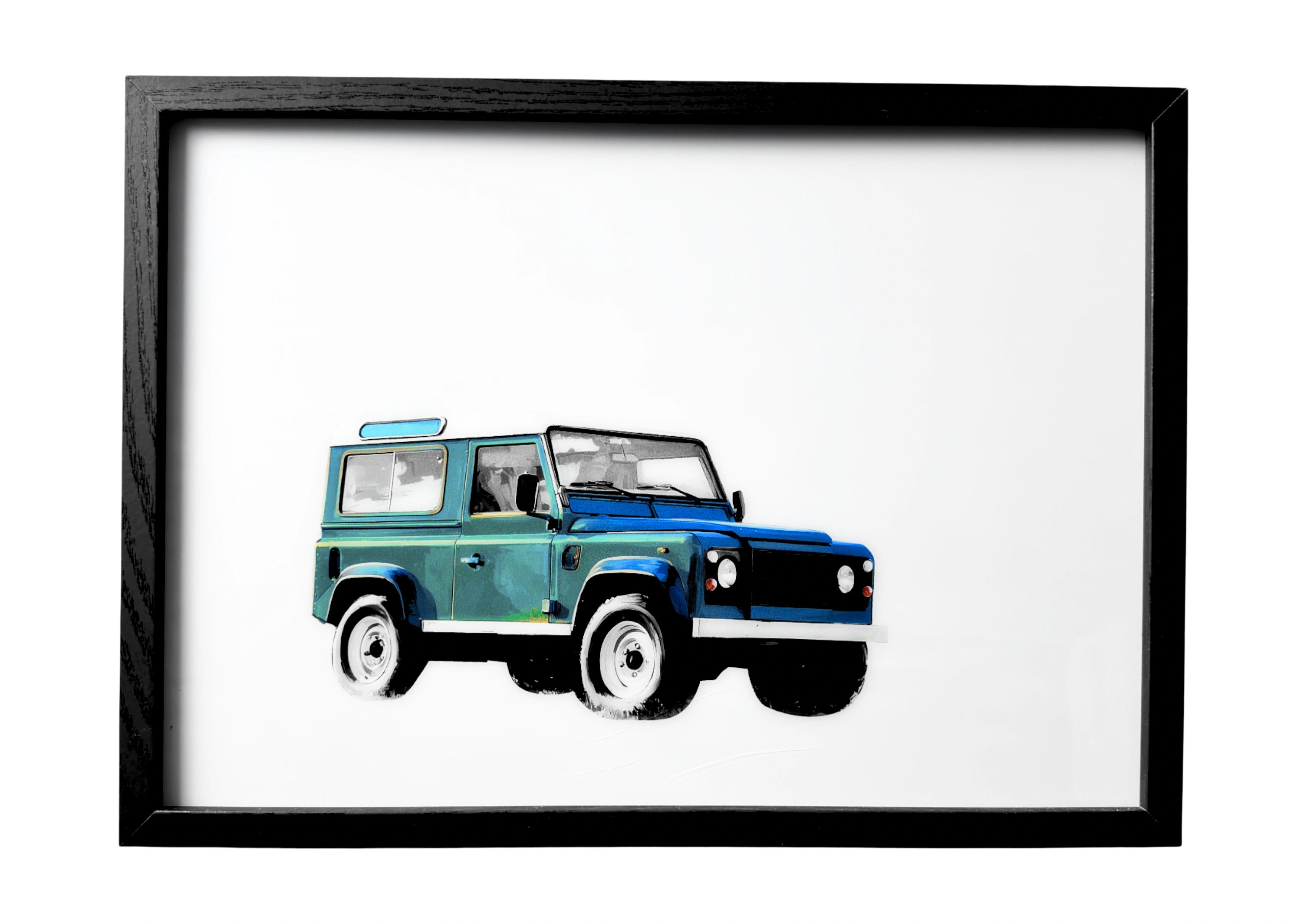 Land Rover Defender 1994 wall art in teal and pine-green tones beside a rugged coastline. A framed tribute to timeless British design.