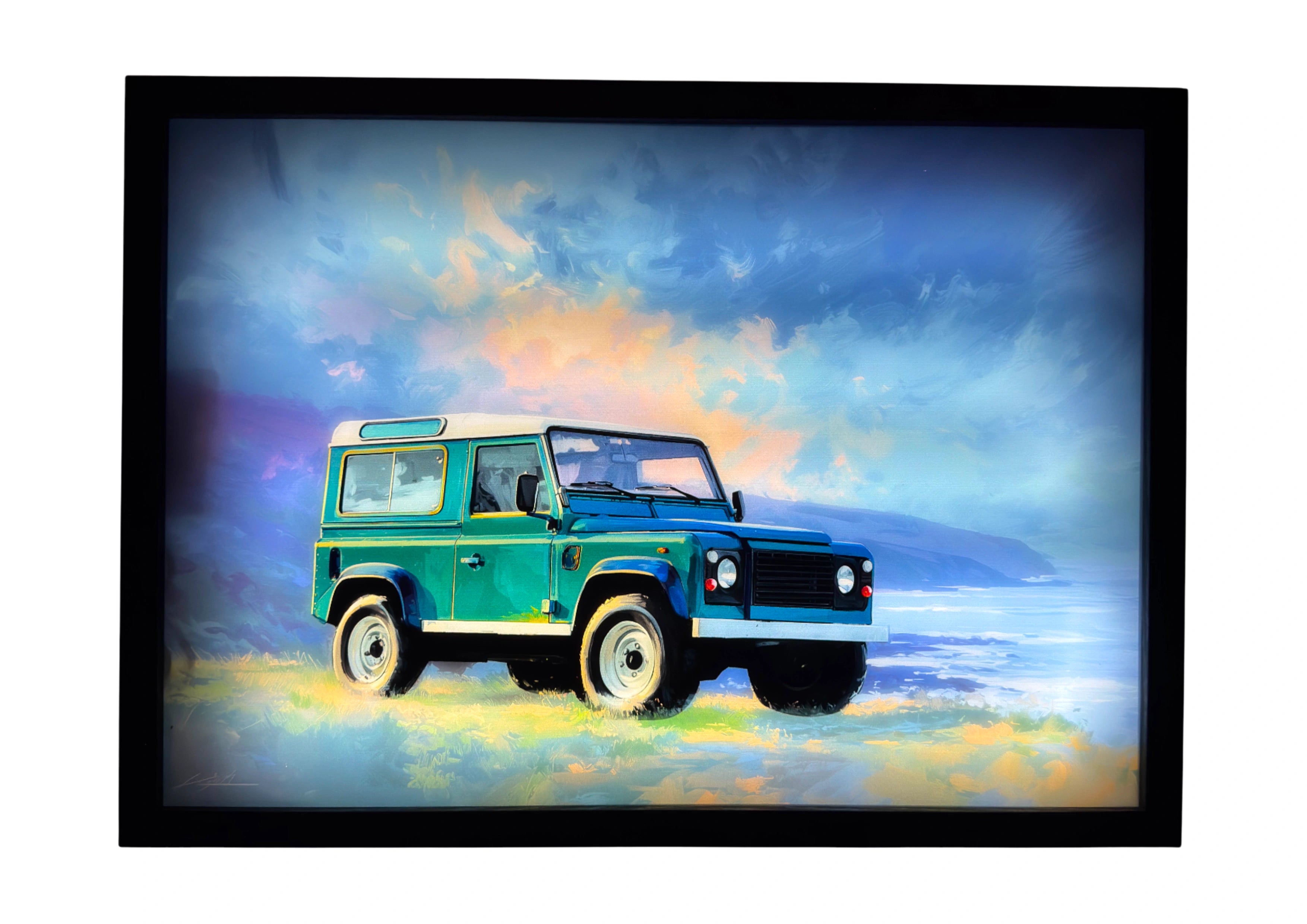 Land Rover Defender 1994 LED light up wall art glowing beneath amber and ocean-blue skies — a luminous nod to British adventure.