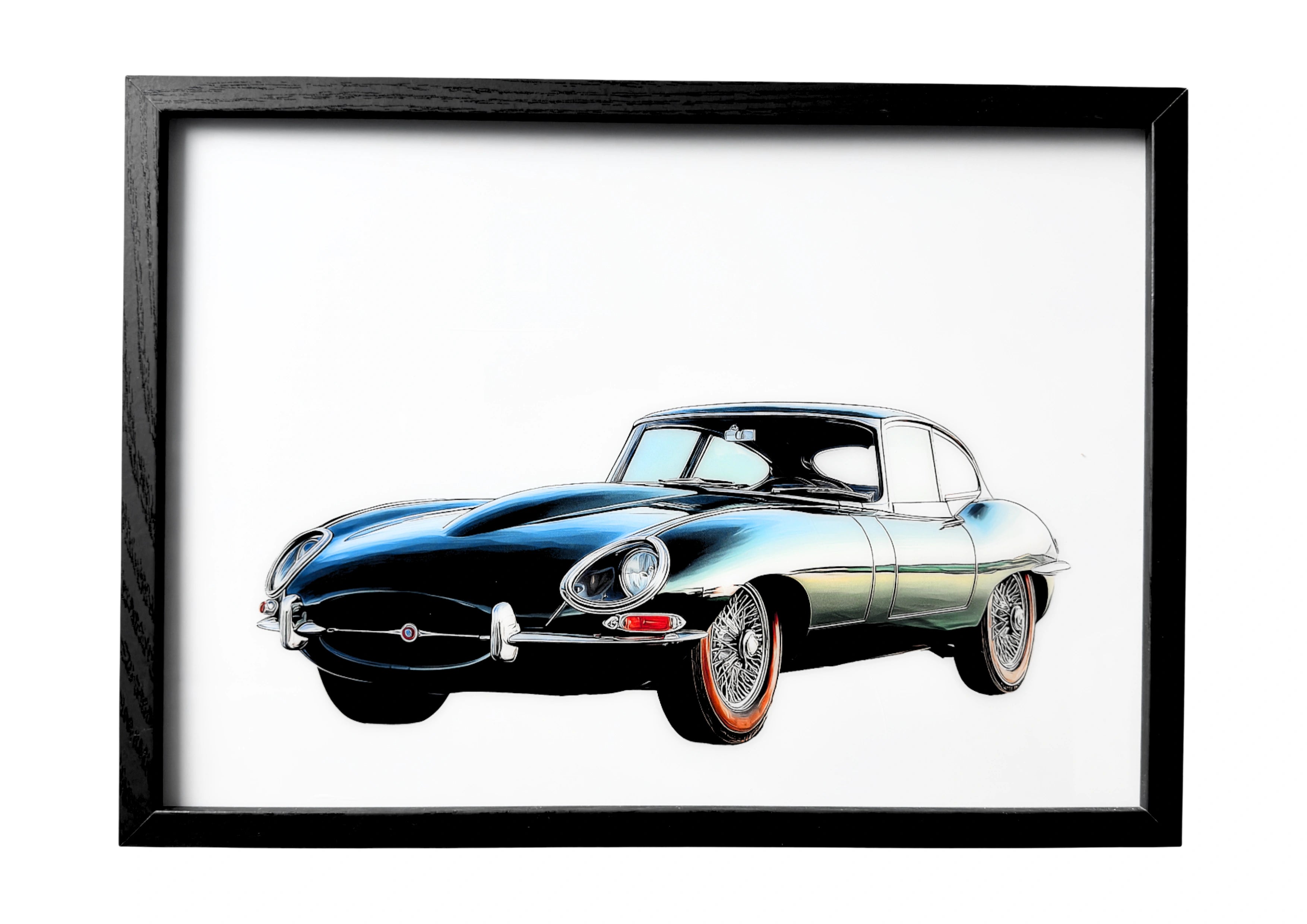 Racing green Jaguar E-Type 1961 wall art resting in still reflection. A framed tribute to British automotive elegance.